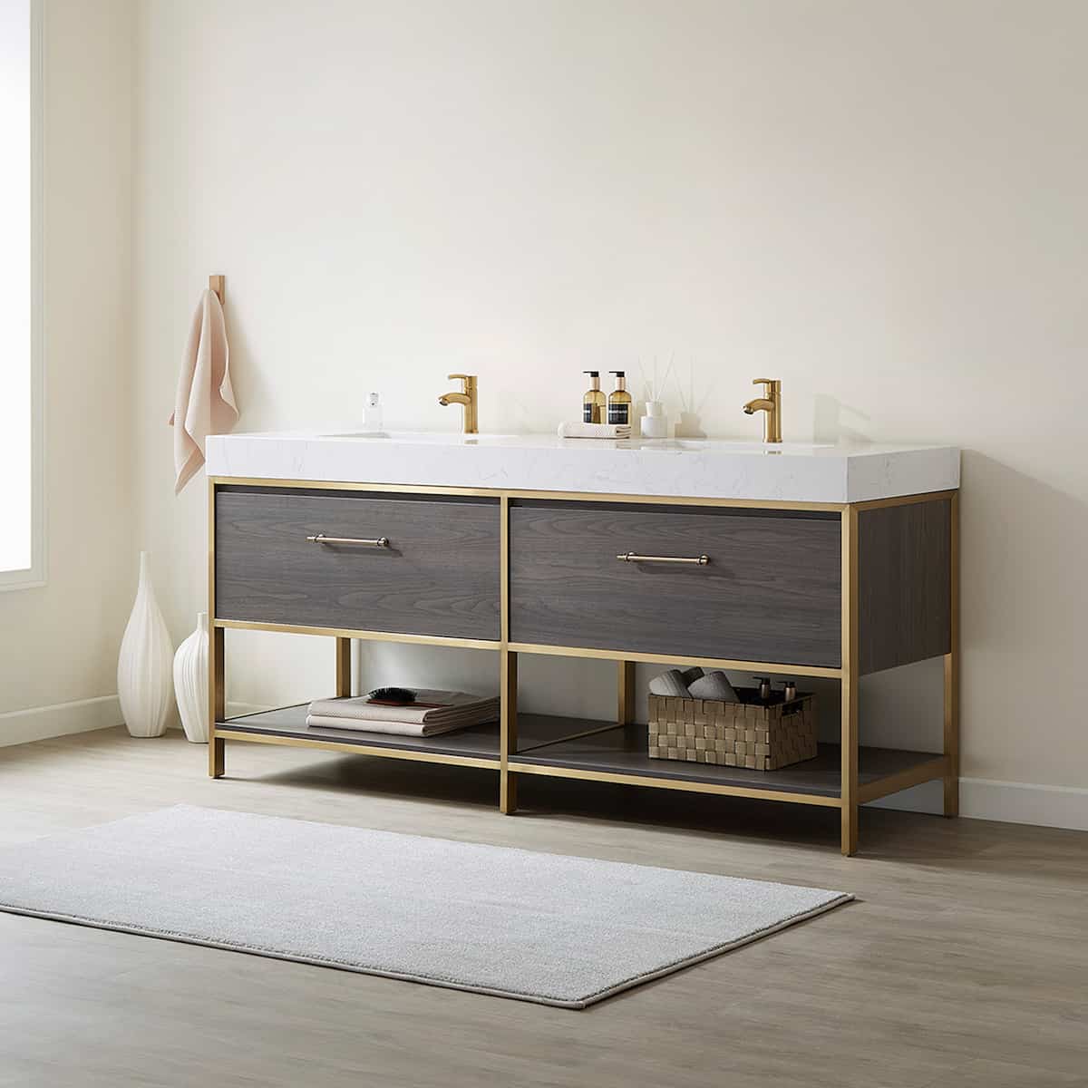 Vinnova Palma 72 Inch Freestanding Double Sink Bath Vanity in Suleiman Oak with White Composite Grain Stone Without Mirror Side 701272G-SO-GW-NM