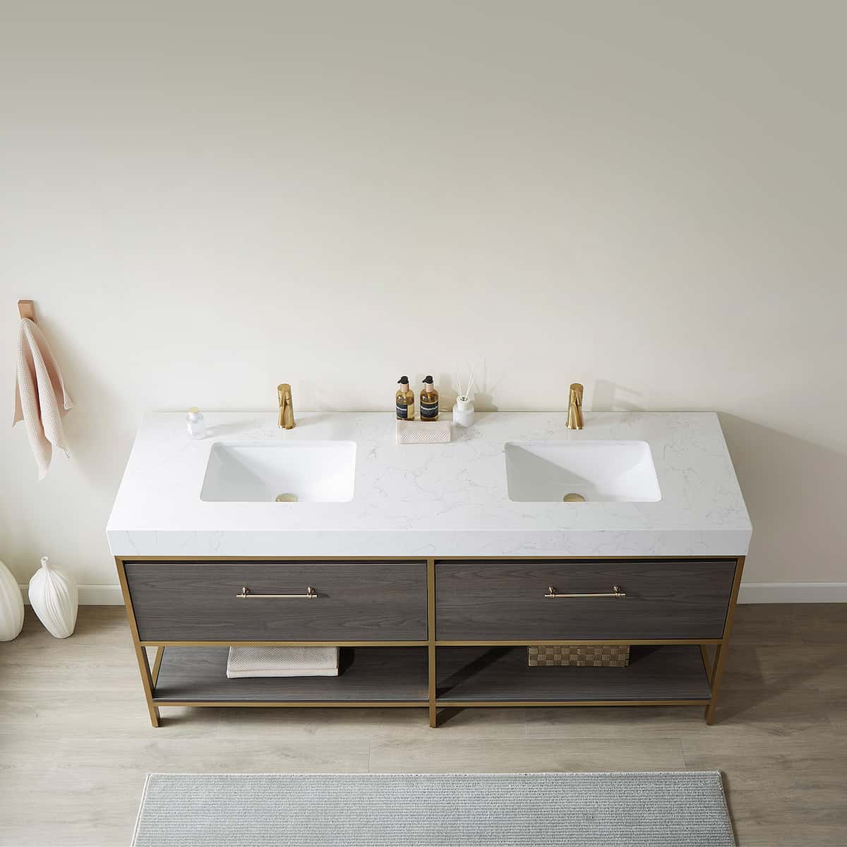 Vinnova Palma 72 Inch Freestanding Double Sink Bath Vanity in Suleiman Oak with White Composite Grain Stone Without Mirror Sinks 701272G-SO-GW-NM