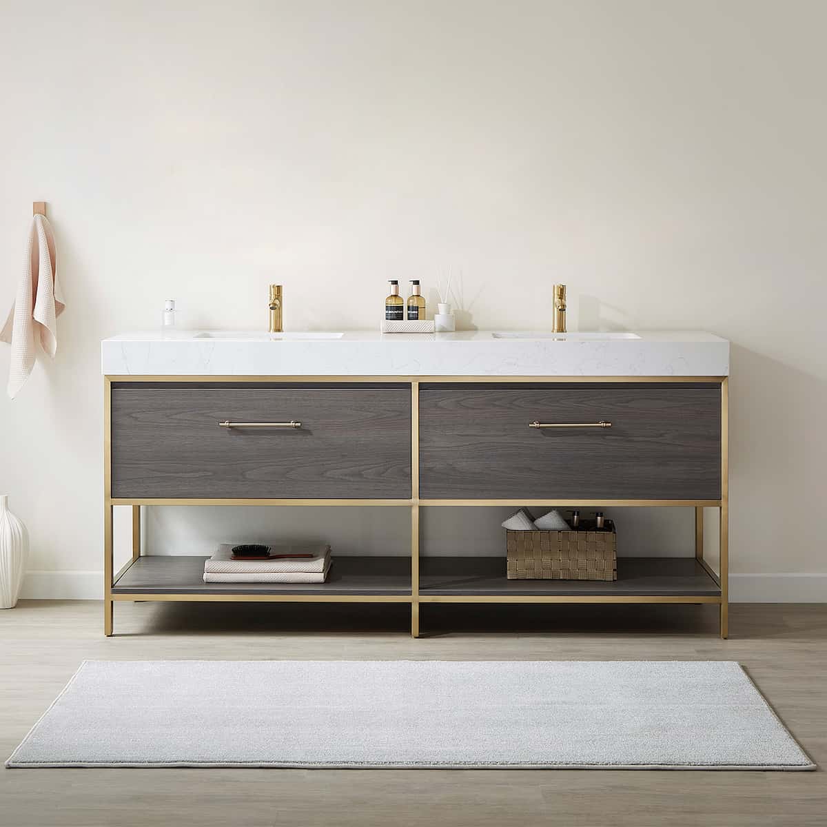 Vinnova Palma 72 Inch Freestanding Double Sink Bath Vanity in Suleiman Oak with White Composite Grain Stone Without Mirror in Bathroom 701272G-SO-GW-NM