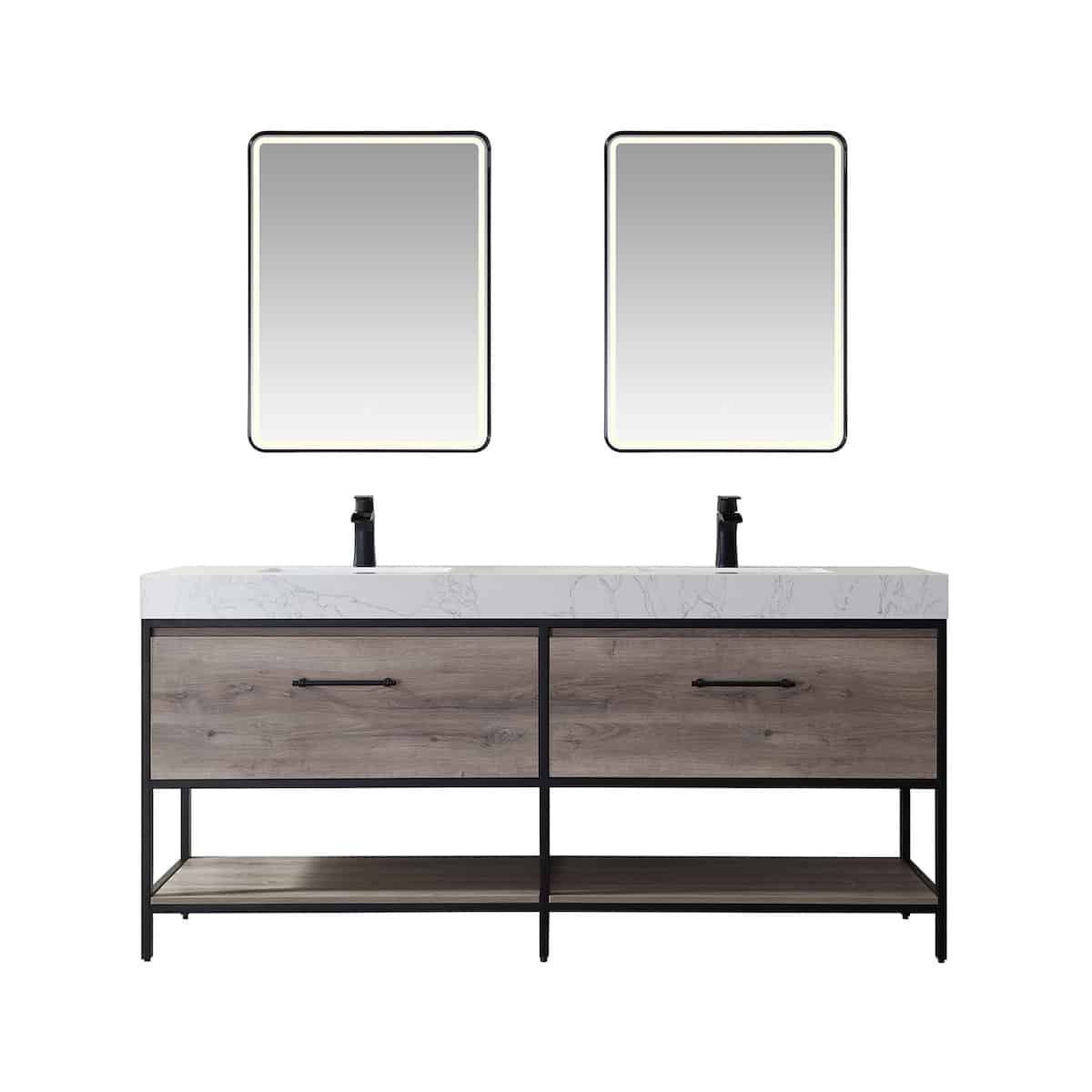 Vinnova Palma 72 Inch Freestanding Double Vanity in Mexican Oak with White Composite Grain Stone Countertop With Mirrors 701272-MXO-GW