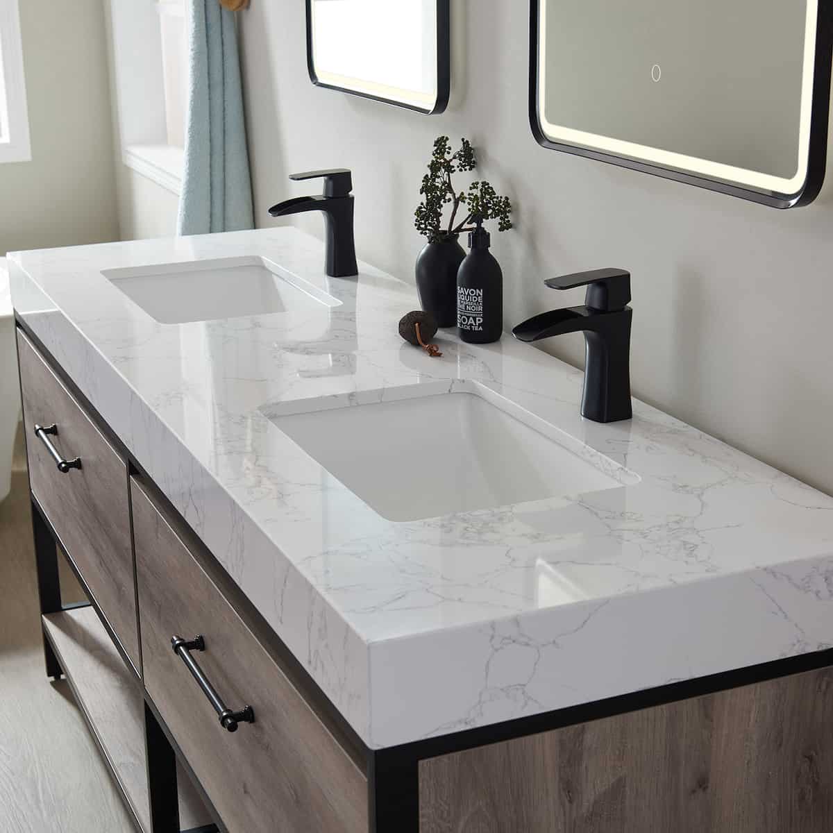 Vinnova Palma 72 Inch Freestanding Double Vanity in Mexican Oak with White Composite Grain Stone Countertop With Mirrors Counter Top 701272-MXO-GW
