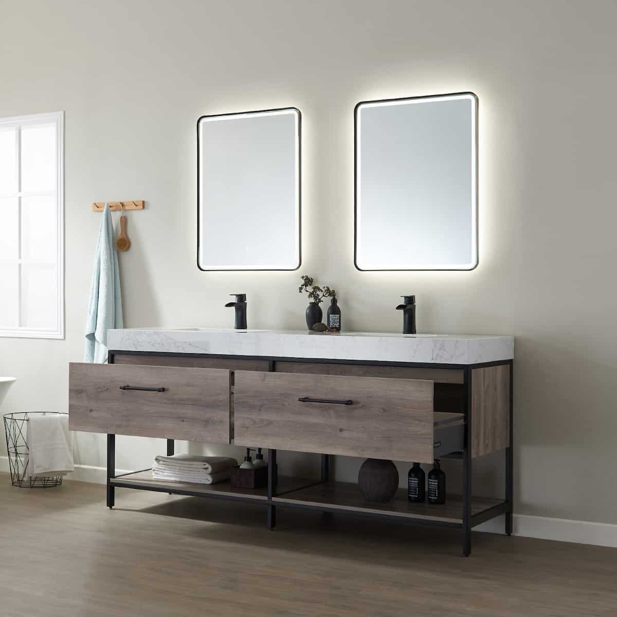 Vinnova Palma 72 Inch Freestanding Double Vanity in Mexican Oak with White Composite Grain Stone Countertop With Mirrors Drawers 701272-MXO-GW