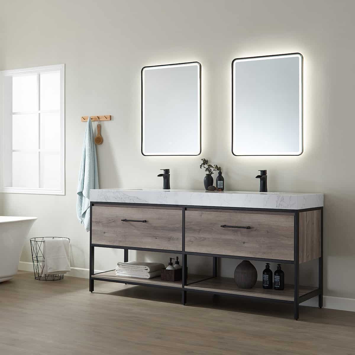 Vinnova Palma 72 Inch Freestanding Double Vanity in Mexican Oak with White Composite Grain Stone Countertop With Mirrors Side 701272-MXO-GW