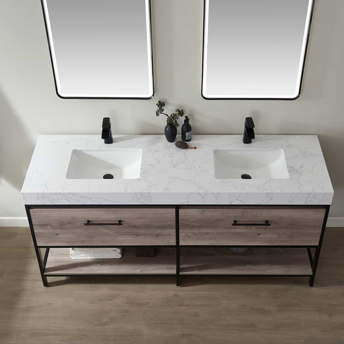 Vinnova Palma 72 Inch Freestanding Double Vanity in Mexican Oak with White Composite Grain Stone Countertop With Mirrors Sinks 701272-MXO-GW