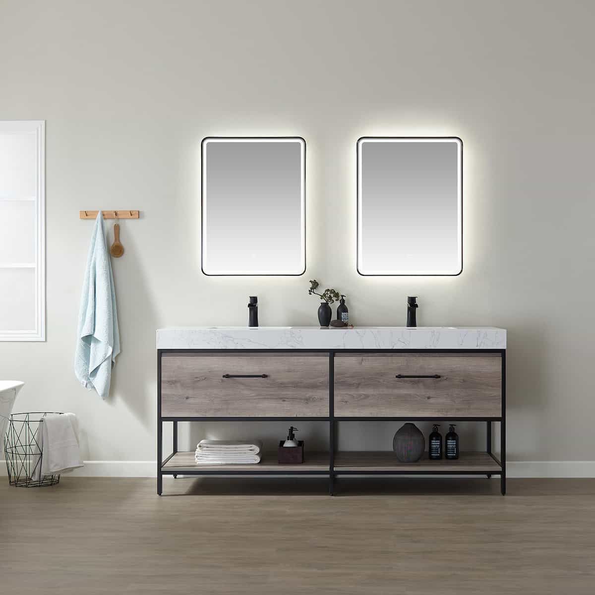 Vinnova Palma 72 Inch Freestanding Double Vanity in Mexican Oak with White Composite Grain Stone Countertop With Mirrors in Bathroom 701272-MXO-GW