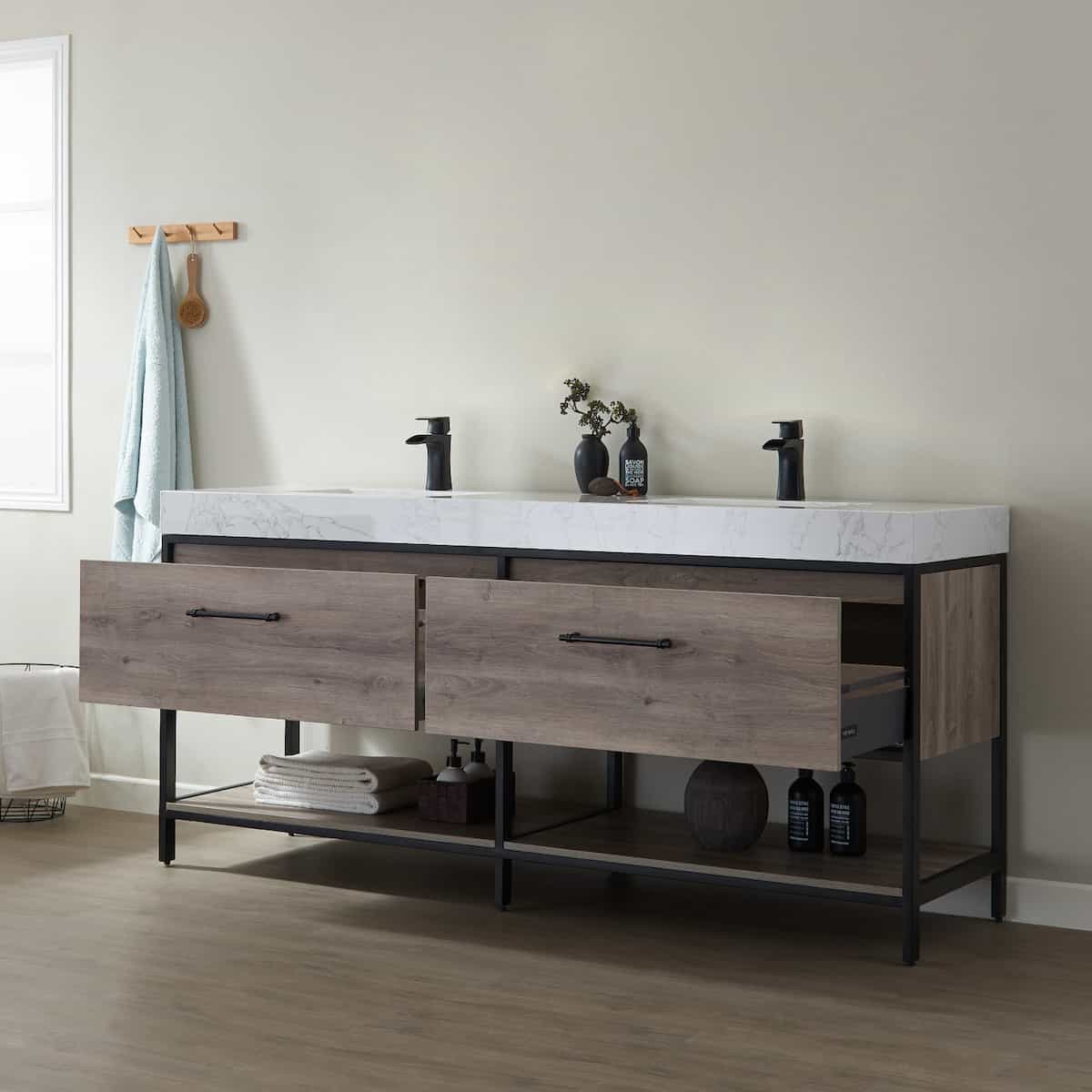 Vinnova Palma 72 Inch Freestanding Double Vanity in Mexican Oak with White Composite Grain Stone Countertop Without Mirrors Drawers 701272-MXO-GW-NM