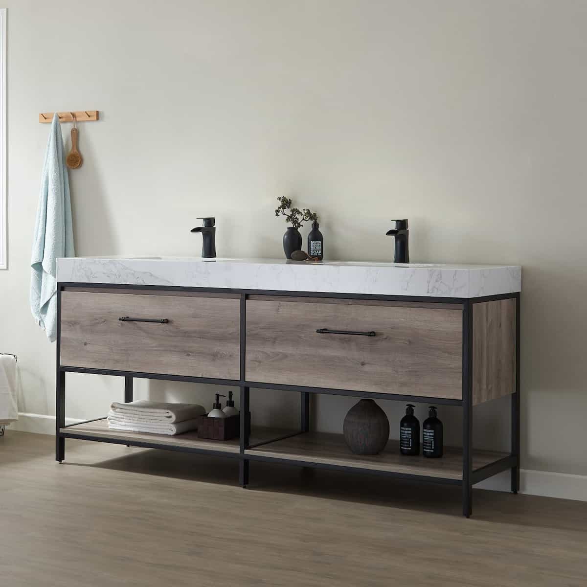 Vinnova Palma 72 Inch Freestanding Double Vanity in Mexican Oak with White Composite Grain Stone Countertop Without Mirrors Side 701272-MXO-GW-NM