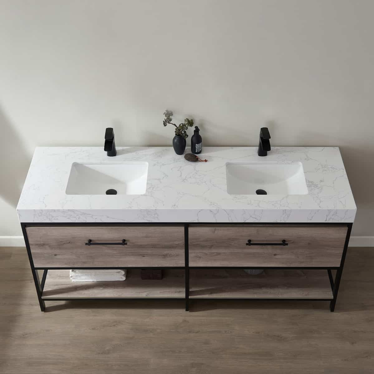Vinnova Palma 72 Inch Freestanding Double Vanity in Mexican Oak with White Composite Grain Stone Countertop Without Mirrors Sinks 701272-MXO-GW-NM