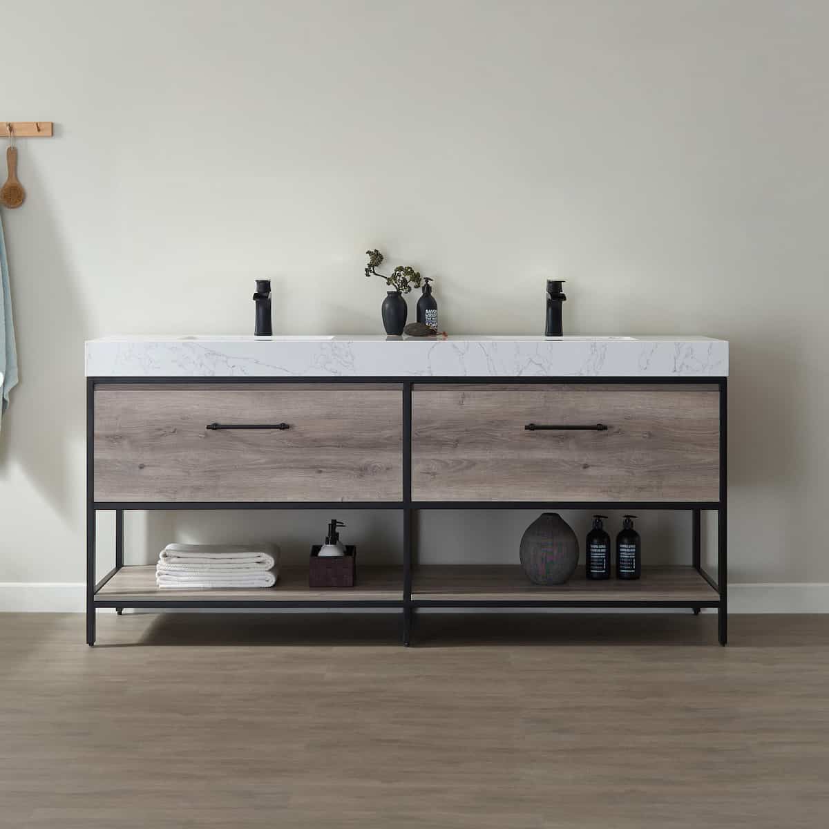 Vinnova Palma 72 Inch Freestanding Double Vanity in Mexican Oak with White Composite Grain Stone Countertop Without Mirrors in Bathroom 701272-MXO-GW-NM