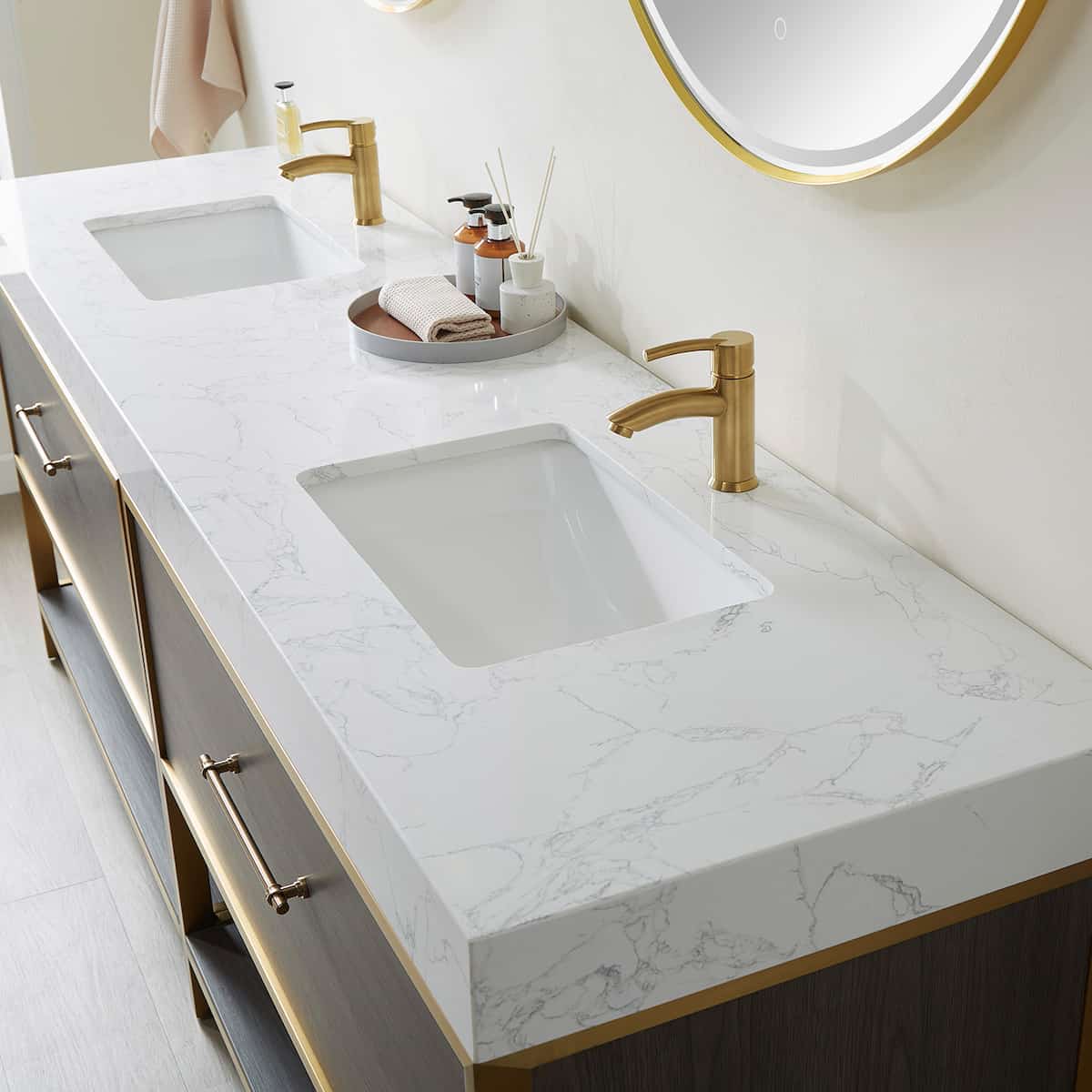 Vinnova Palma 84 Inch Freestanding Double Sink Bath Vanity in Suleiman Oak with White Composite Grain Stone With Mirrors Counter Top 701284G-SO-GW