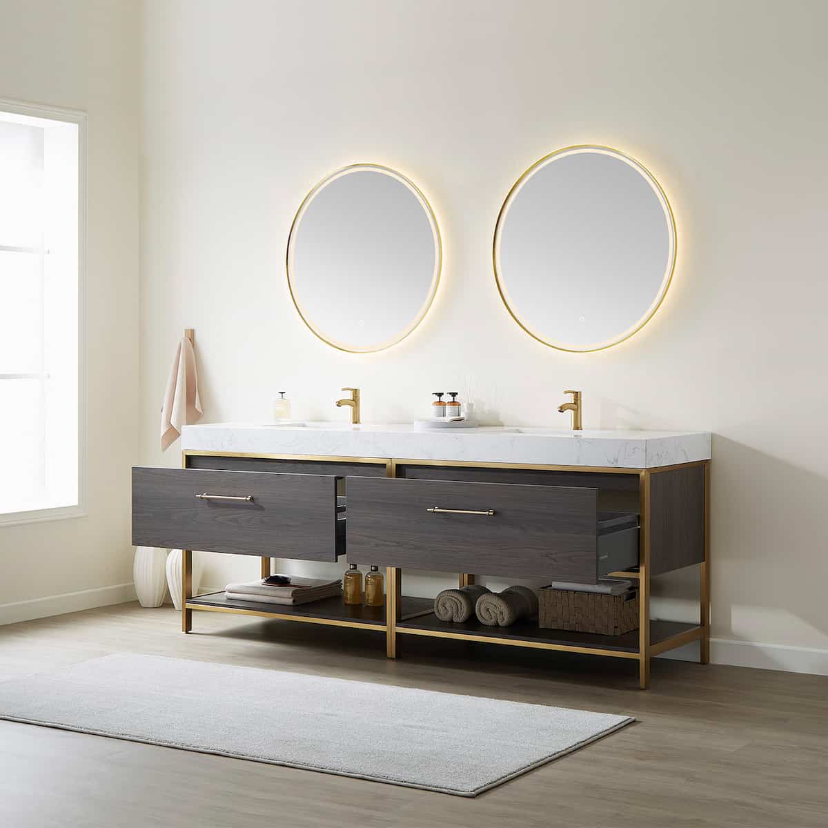 Vinnova Palma 84 Inch Freestanding Double Sink Bath Vanity in Suleiman Oak with White Composite Grain Stone With Mirrors Drawers 701284G-SO-GW