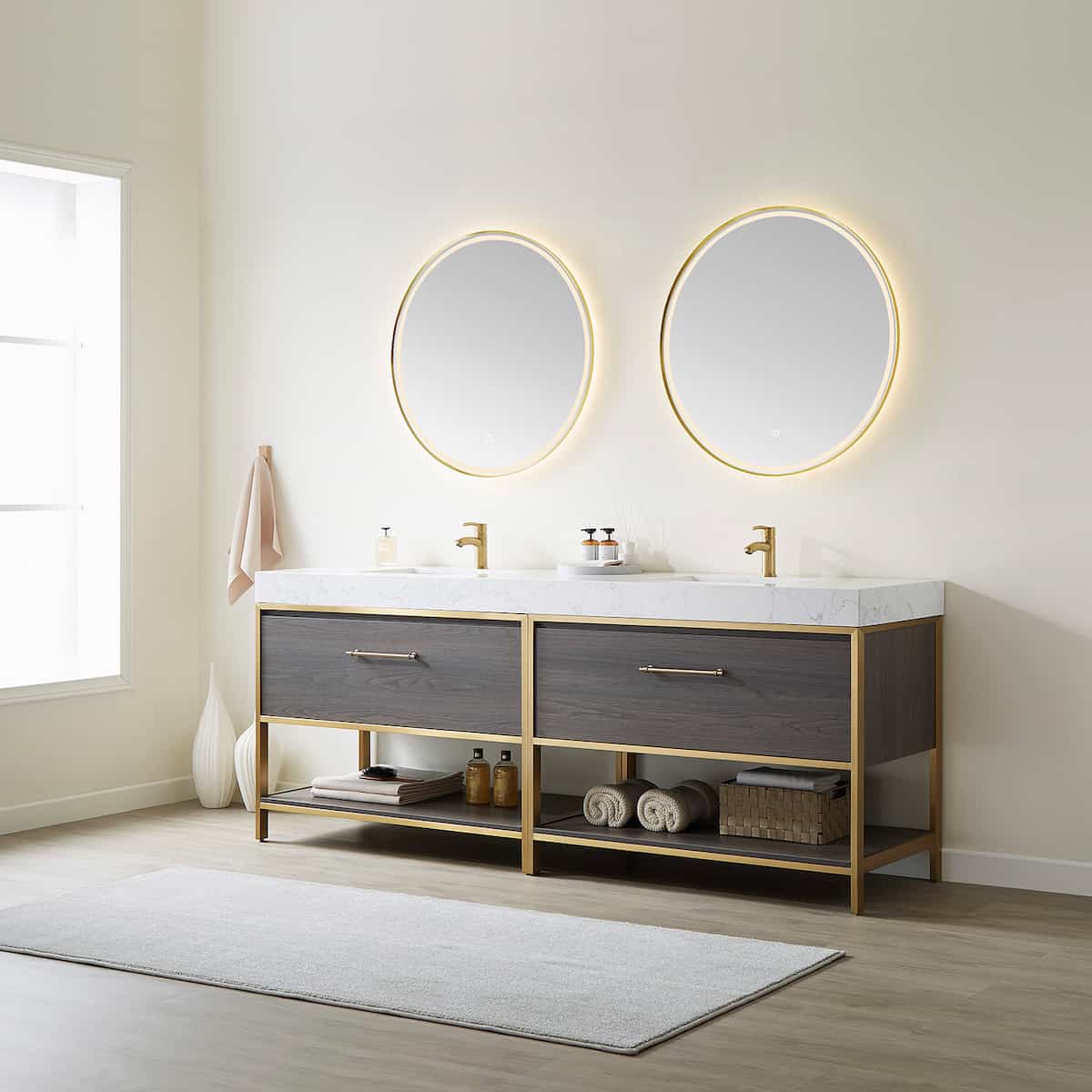 Vinnova Palma 84 Inch Freestanding Double Sink Bath Vanity in Suleiman Oak with White Composite Grain Stone With Mirrors Side 701284G-SO-GW