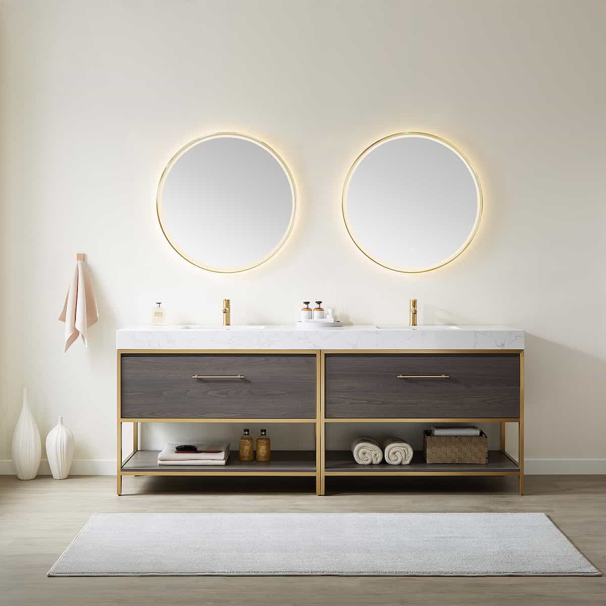 Vinnova Palma 84 Inch Freestanding Double Sink Bath Vanity in Suleiman Oak with White Composite Grain Stone With Mirrors in Bathroom 701284G-SO-GW