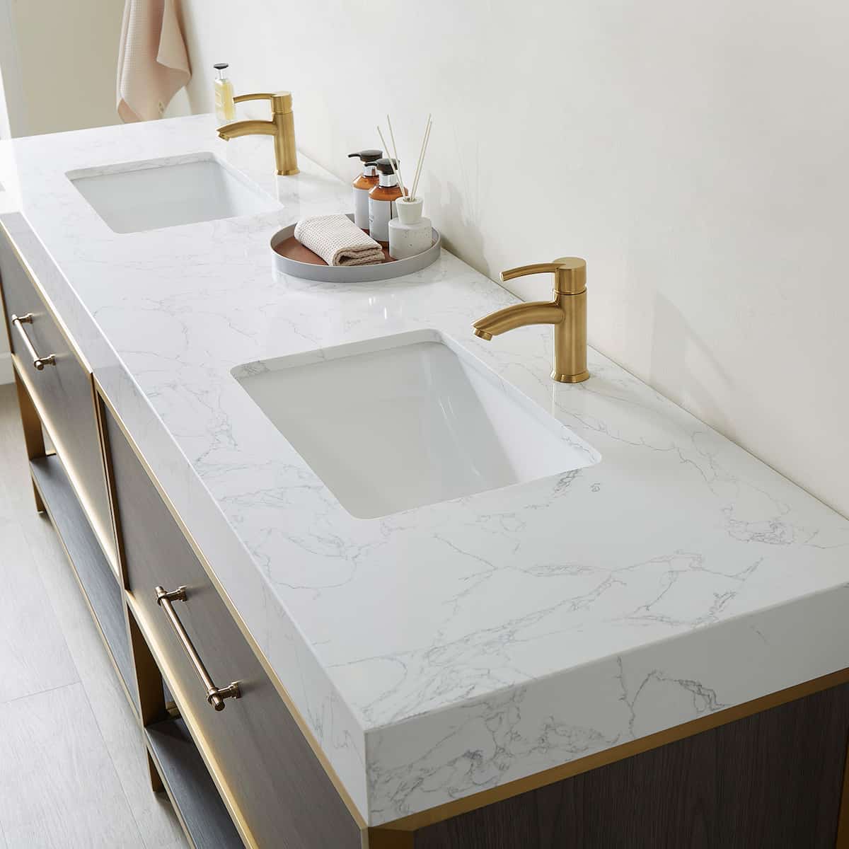 Vinnova Palma 84 Inch Freestanding Double Sink Bath Vanity in Suleiman Oak with White Composite Grain Stone Without Mirror Counter Top 701284G-SO-GW-NM