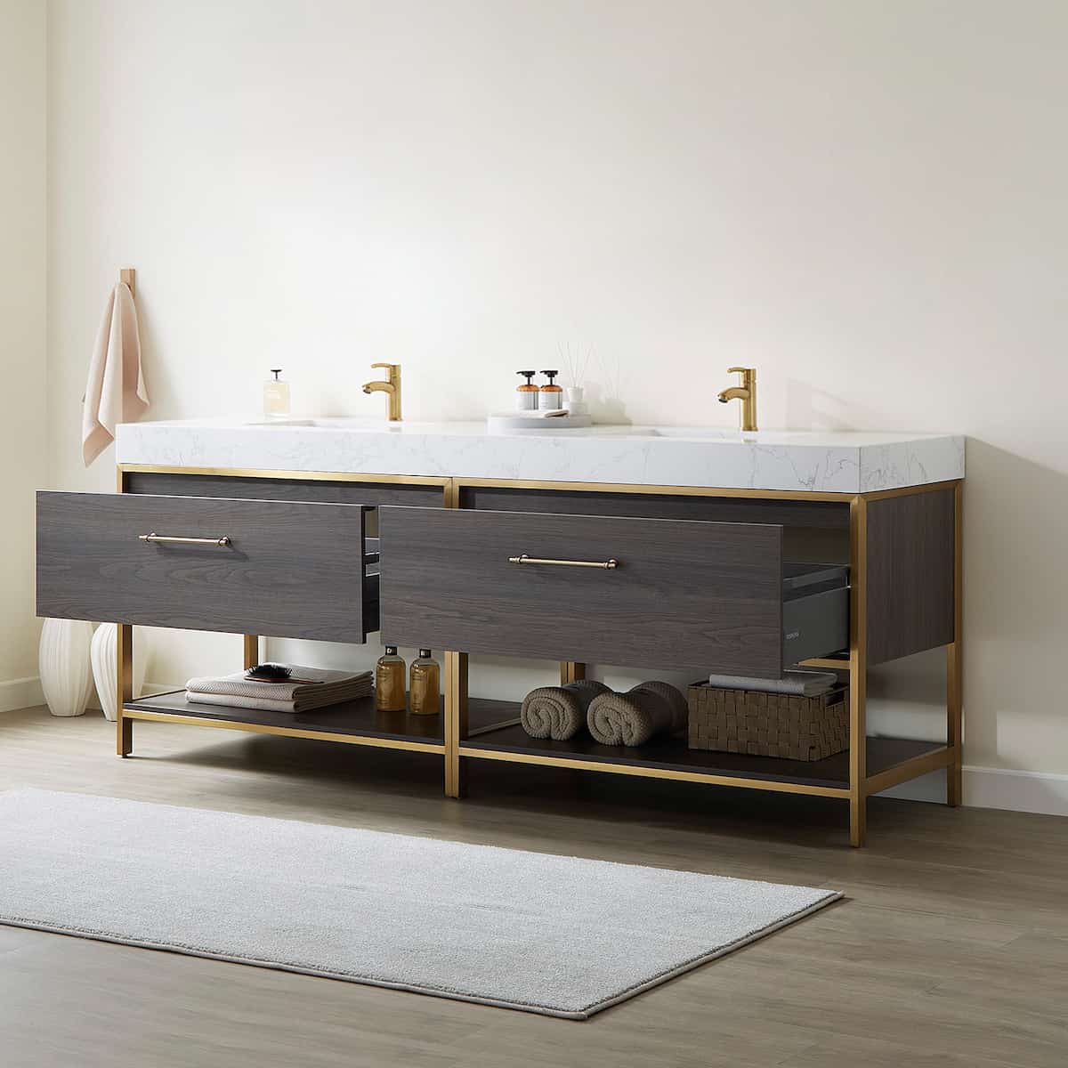 Vinnova Palma 84 Inch Freestanding Double Sink Bath Vanity in Suleiman Oak with White Composite Grain Stone Without Mirror Drawers 701284G-SO-GW-NM