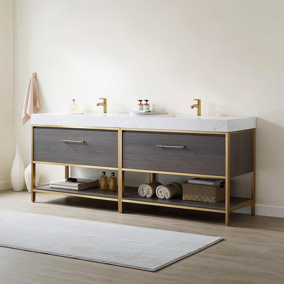 Vinnova Palma 84 Inch Freestanding Double Sink Bath Vanity in Suleiman Oak with White Composite Grain Stone Without Mirror Side 701284G-SO-GW-NM
