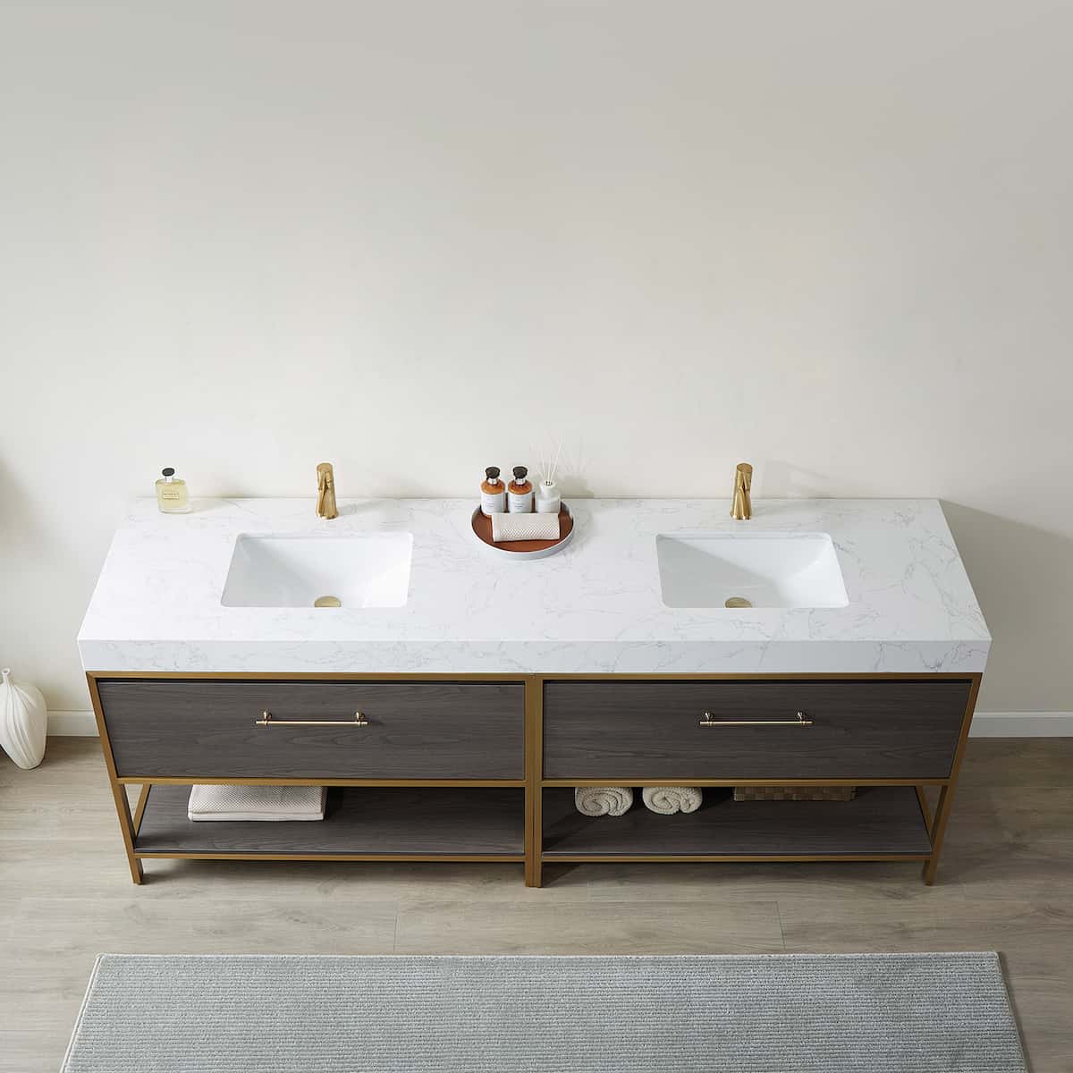 Vinnova Palma 84 Inch Freestanding Double Sink Bath Vanity in Suleiman Oak with White Composite Grain Stone Without Mirror Sinks 701284G-SO-GW-NM