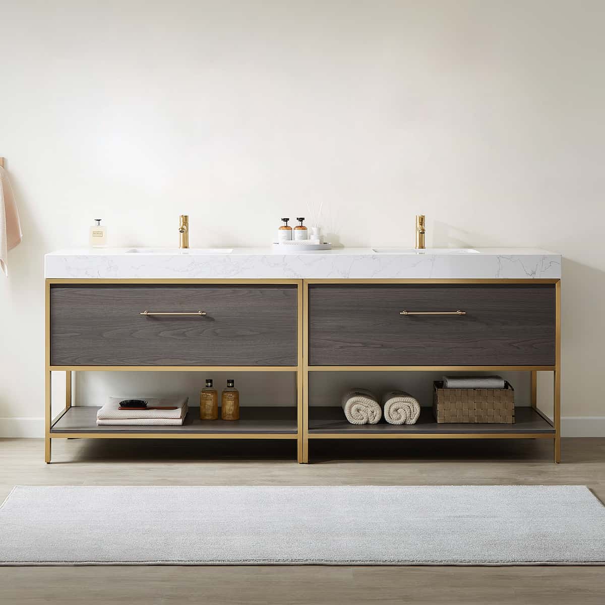 Vinnova Palma 84 Inch Freestanding Double Sink Bath Vanity in Suleiman Oak with White Composite Grain Stone Without Mirror in Bathroom 701284G-SO-GW-NM