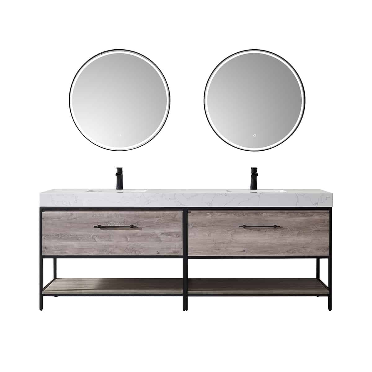 Vinnova Palma 84 Inch Freestanding Double Vanity in Mexican Oak with White Composite Grain Stone Countertop With Mirrors 701284-MXO-GW