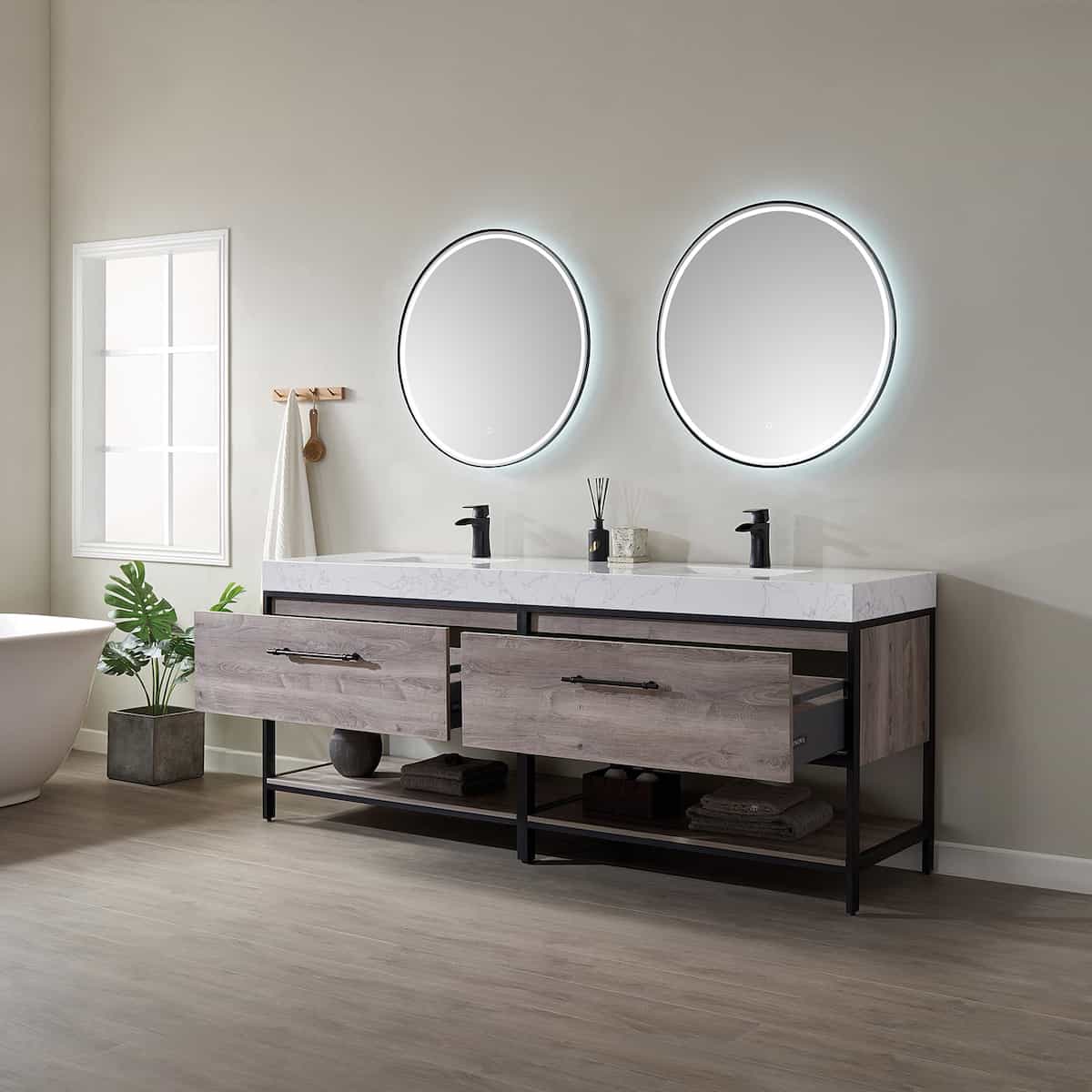 Vinnova Palma 84 Inch Freestanding Double Vanity in Mexican Oak with White Composite Grain Stone Countertop With Mirrors Drawers 701284-MXO-GW