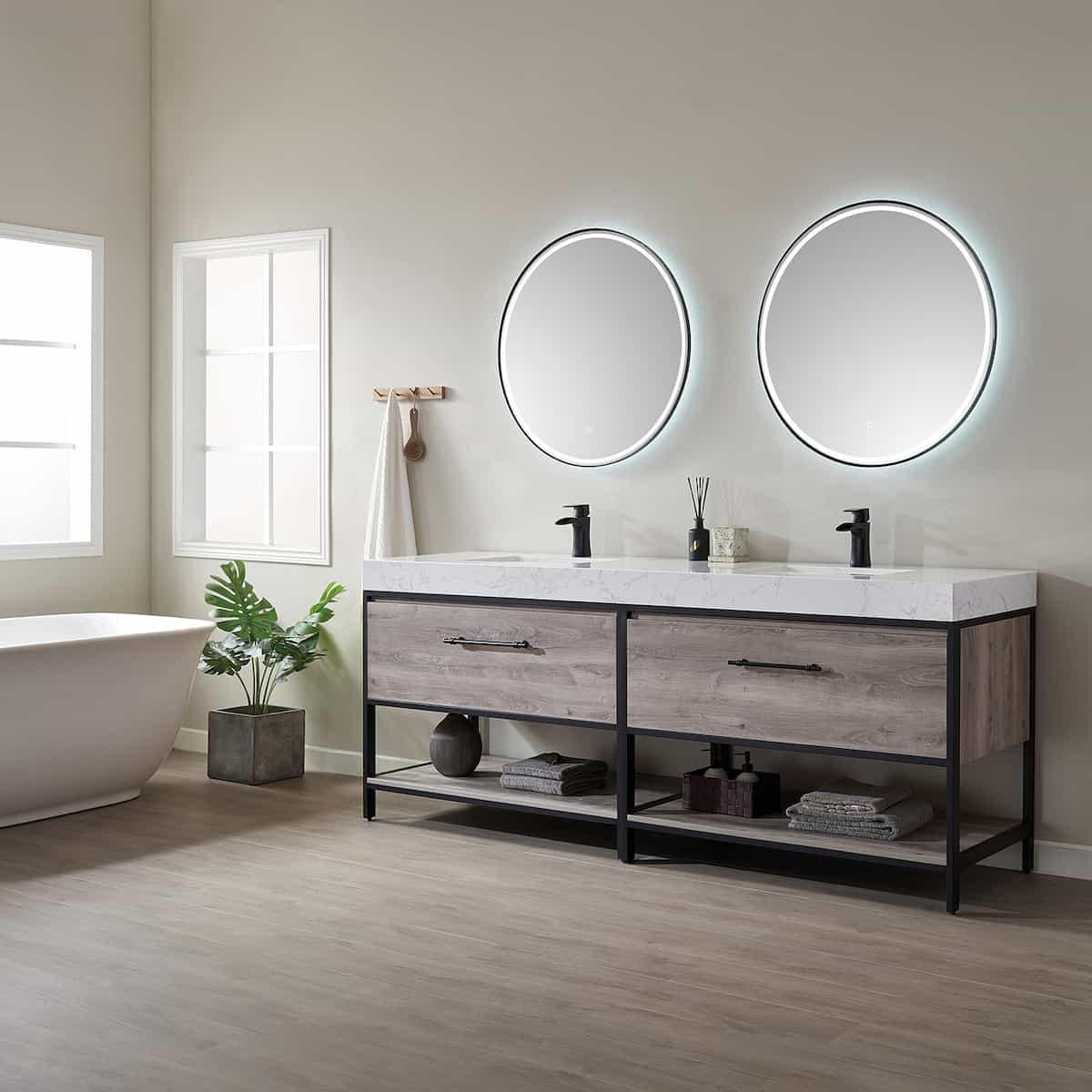 Vinnova Palma 84 Inch Freestanding Double Vanity in Mexican Oak with White Composite Grain Stone Countertop With Mirrors Side 701284-MXO-GW