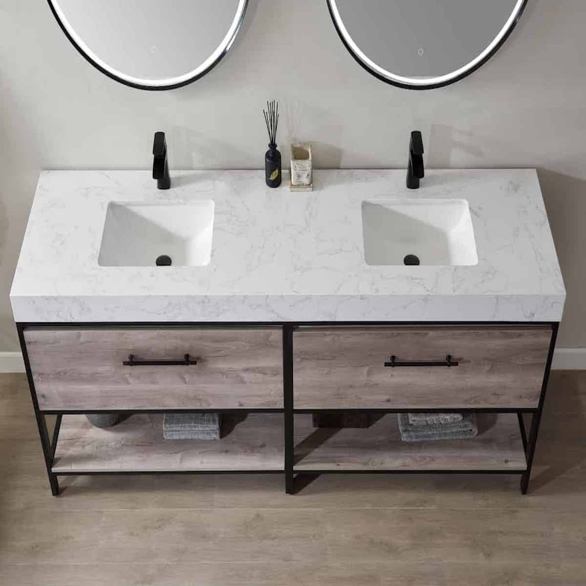 Vinnova Palma 84 Inch Freestanding Double Vanity in Mexican Oak with White Composite Grain Stone Countertop With Mirrors Sinks 701284-MXO-GW