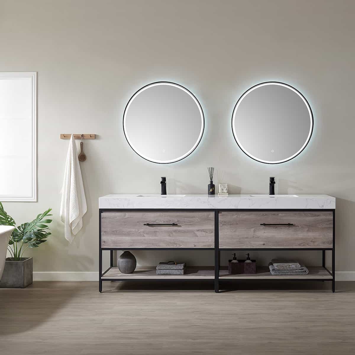 Vinnova Palma 84 Inch Freestanding Double Vanity in Mexican Oak with White Composite Grain Stone Countertop With Mirrors Bathroom 701284-MXO-GW