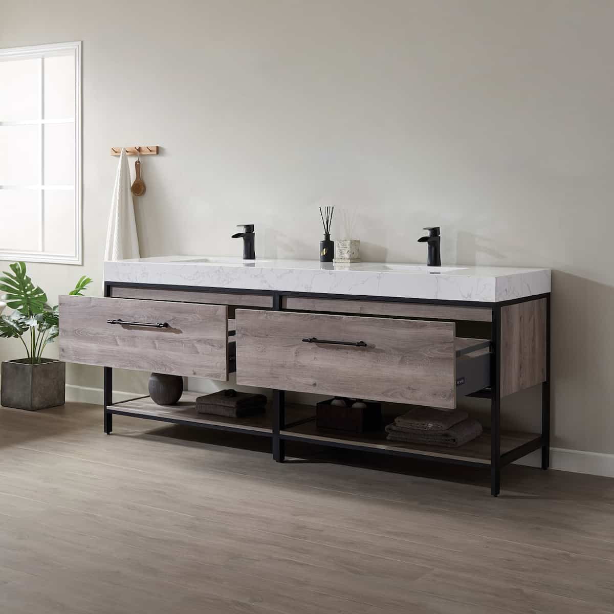 Vinnova Palma 84 Inch Freestanding Double Vanity in Mexican Oak with White Composite Grain Stone Countertop Without Mirrors Drawers 701284-MXO-GW-NM