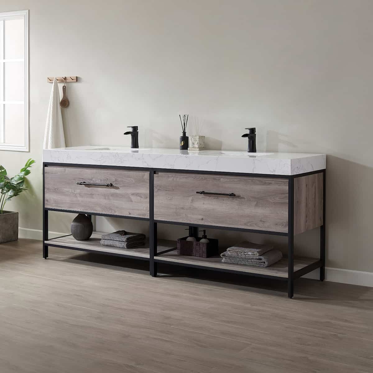 Vinnova Palma 84 Inch Freestanding Double Vanity in Mexican Oak with White Composite Grain Stone Countertop Without Mirrors Side 701284-MXO-GW-NM