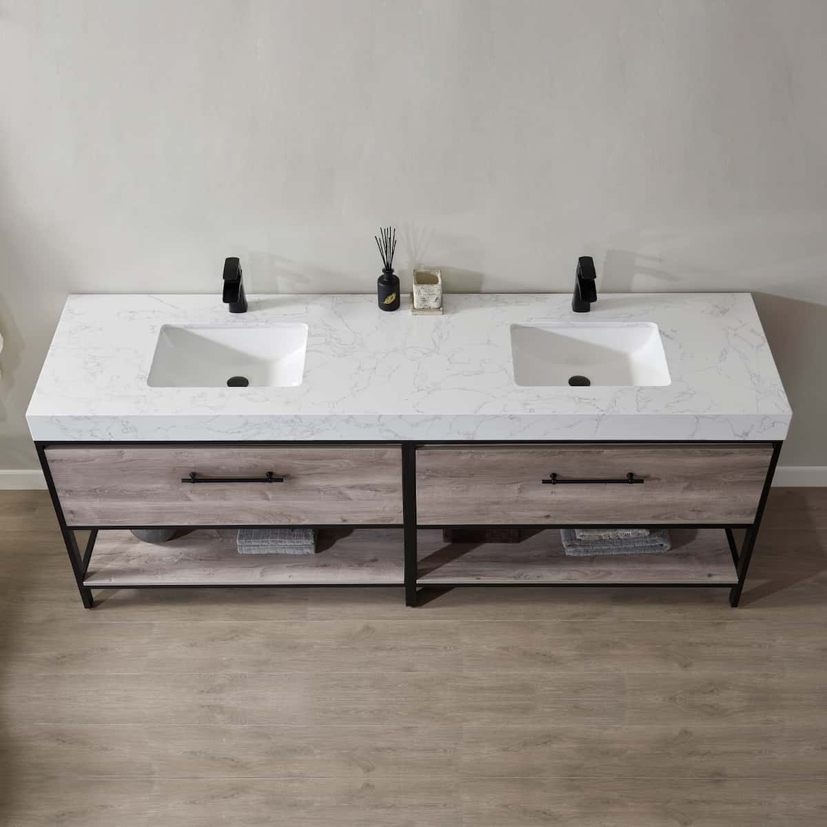 Vinnova Palma 84 Inch Freestanding Double Vanity in Mexican Oak with White Composite Grain Stone Countertop Without Mirrors Sinks 701284-MXO-GW-NM