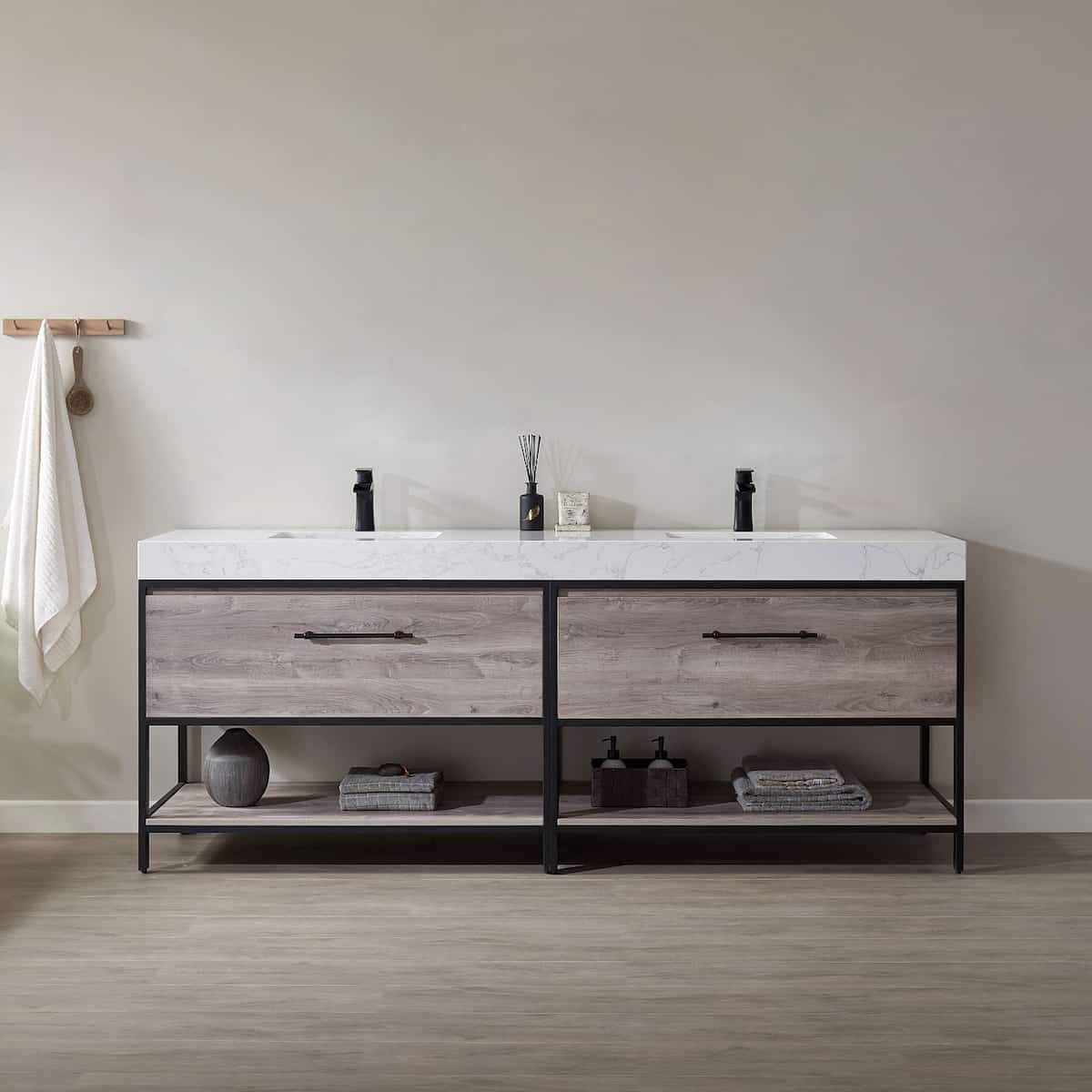 Vinnova Palma 84 Inch Freestanding Double Vanity in Mexican Oak with White Composite Grain Stone Countertop Without Mirrors in Bathroom 701284-MXO-GW-NM