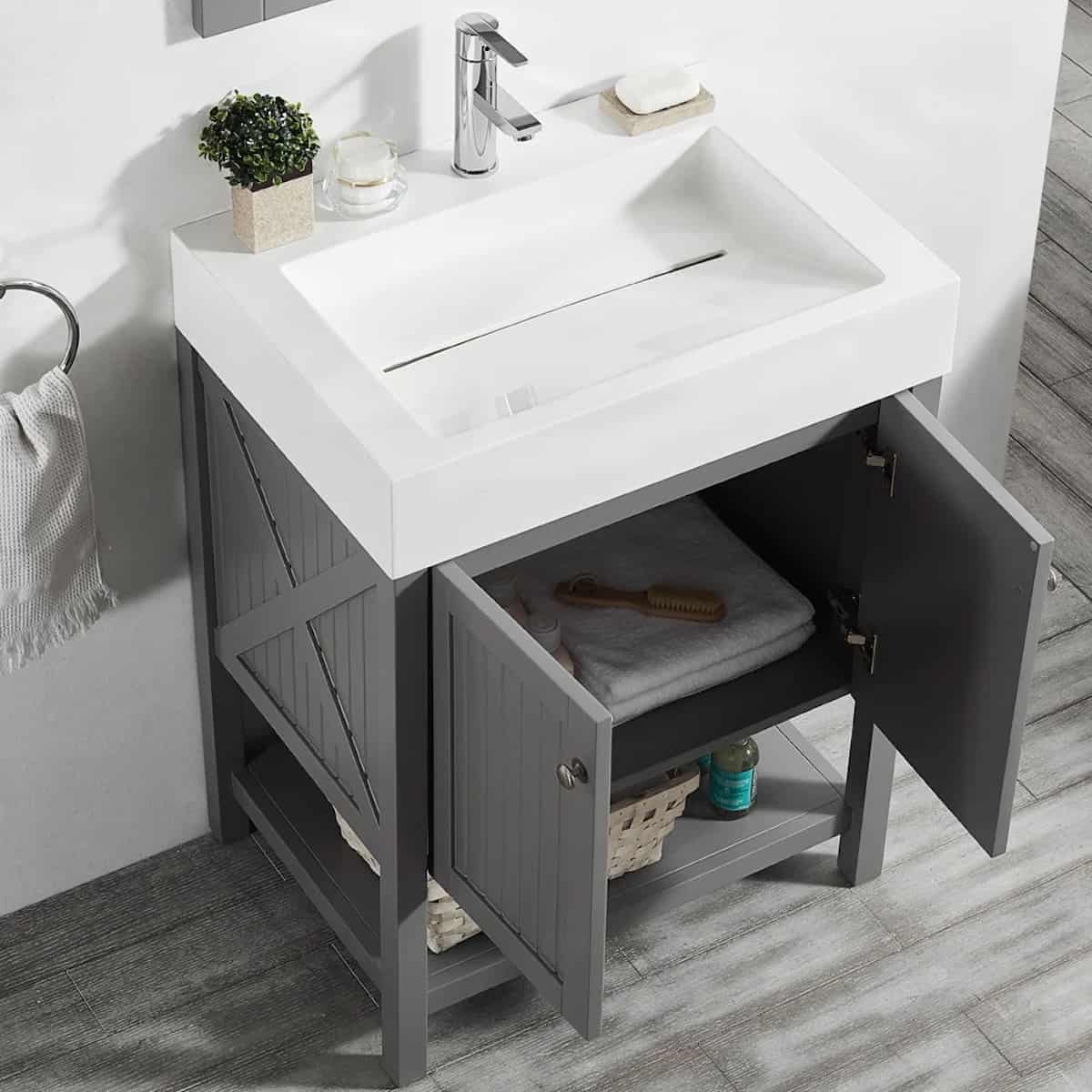 Vinnova Pavia 28 Inch Grey Freestanding Single Vanity with Acrylic Under-Mount Sink With Mirror Inside 755028-GR-WH