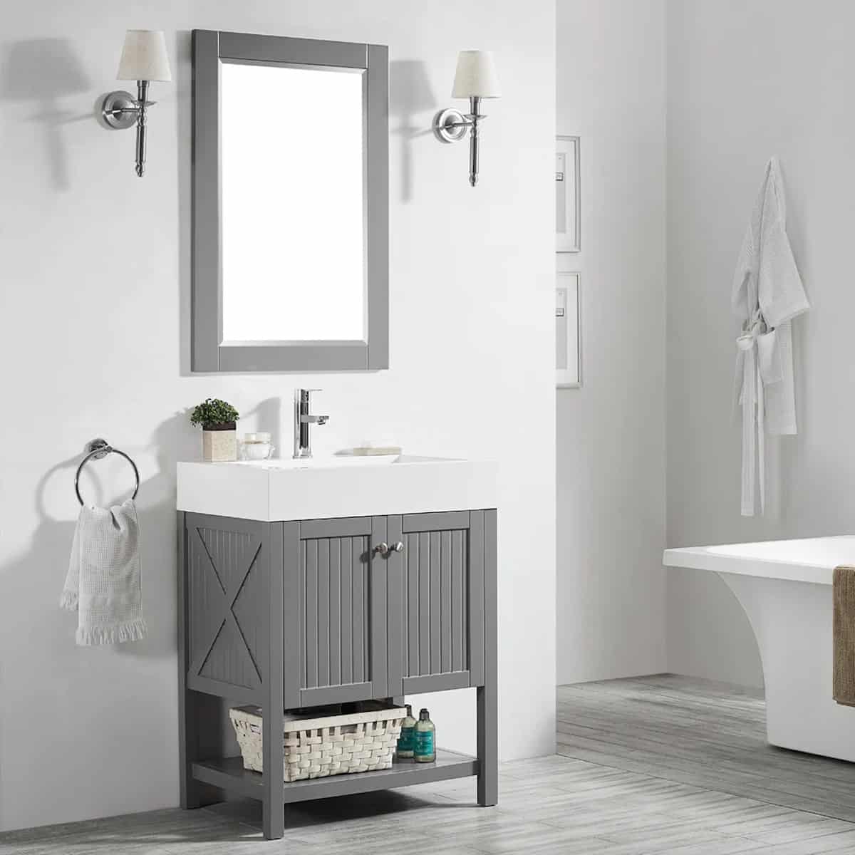 Vinnova Pavia 28 Inch Grey Freestanding Single Vanity with Acrylic Under-Mount Sink With Mirror Side 755028-GR-WH