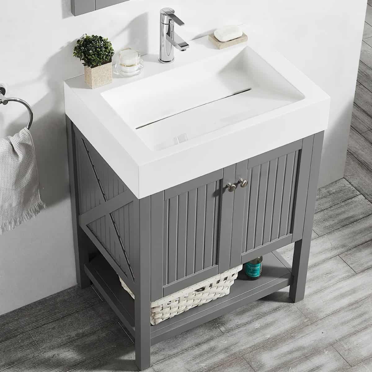 Vinnova Pavia 28 Inch Grey Freestanding Single Vanity with Acrylic Under-Mount Sink With Mirror Sink 755028-GR-WH