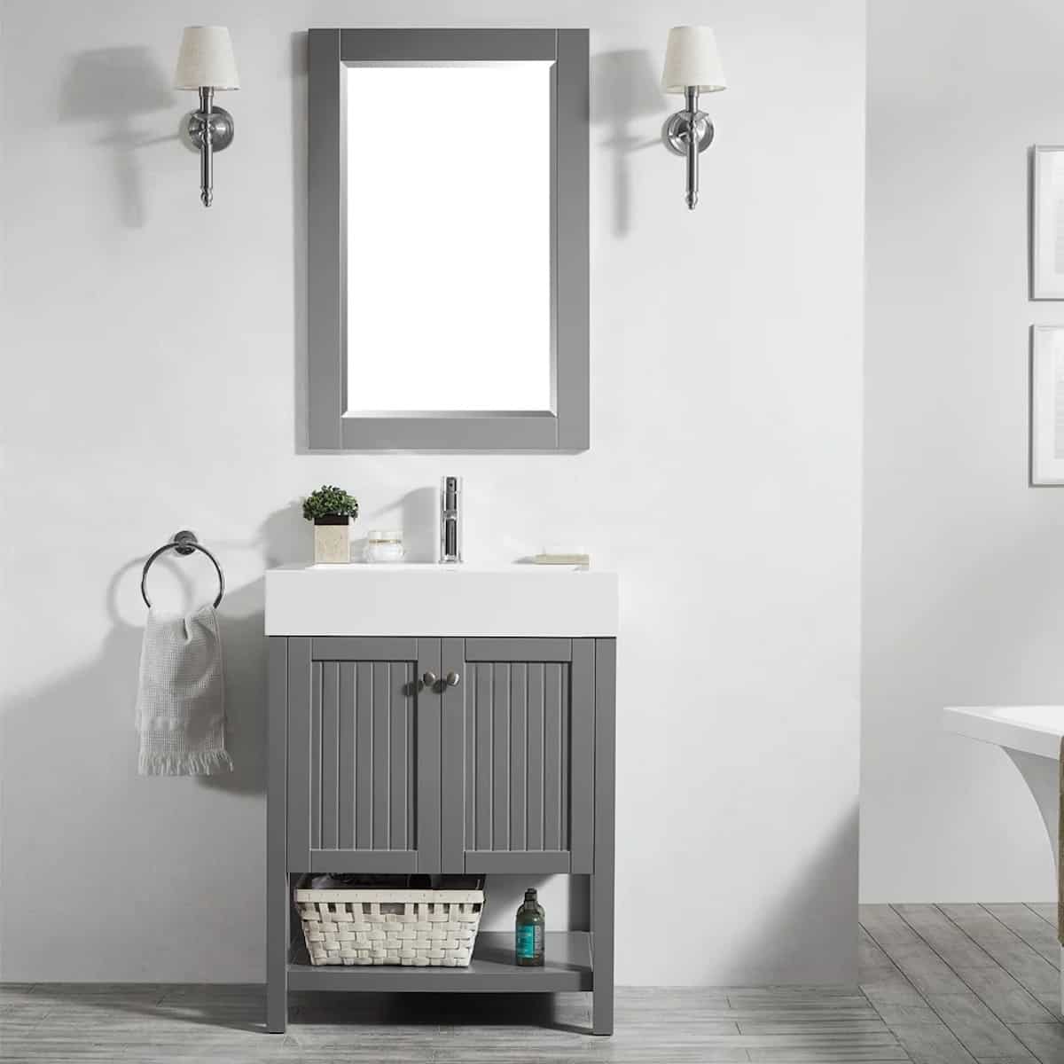 Vinnova Pavia 28 Inch Grey Freestanding Single Vanity with Acrylic Under-Mount Sink With Mirror in Bathroom 755028-GR-WH