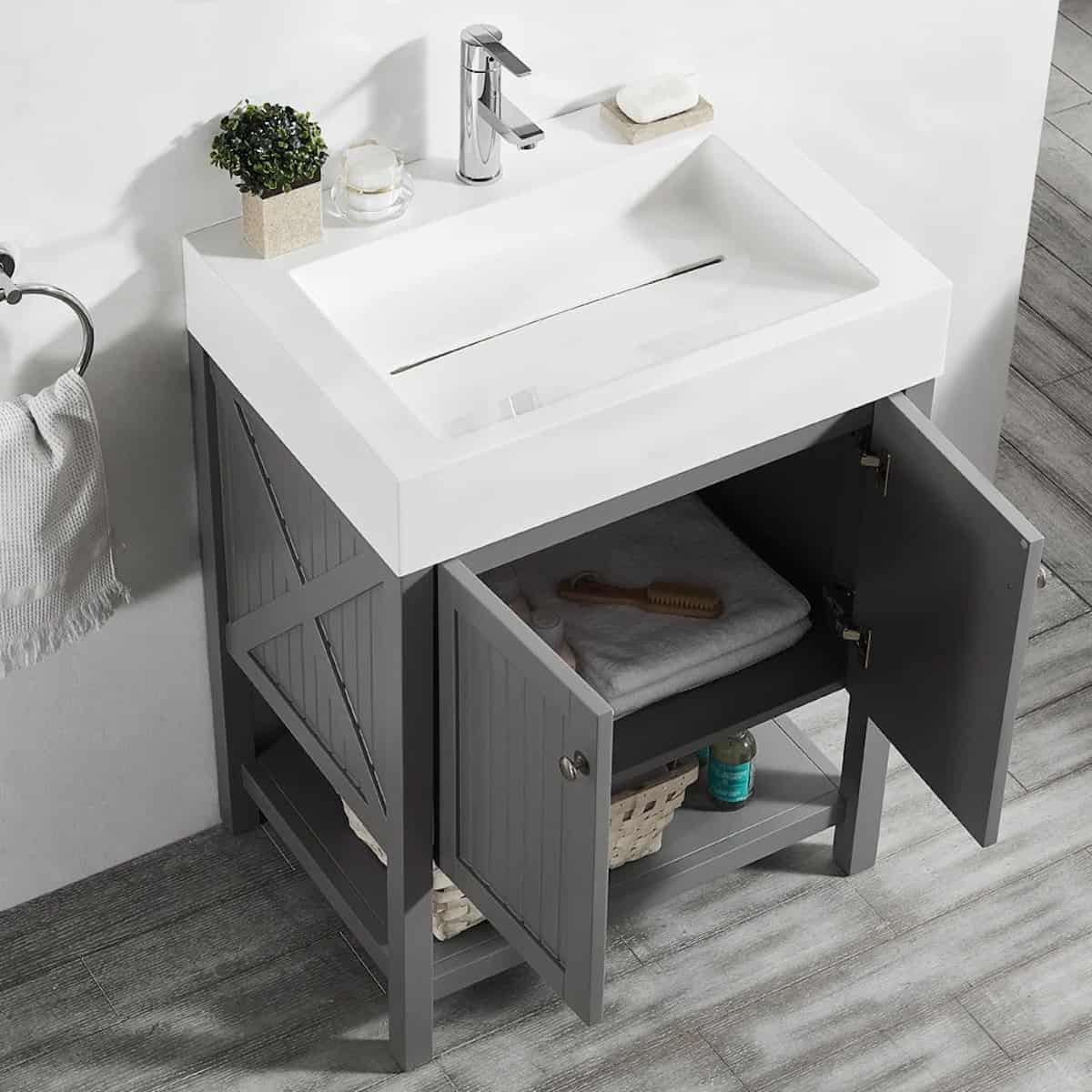Vinnova Pavia 28 Inch Grey Freestanding Single Vanity with Acrylic Under-Mount Sink Without Mirror Inside 755028-GR-WH-NM