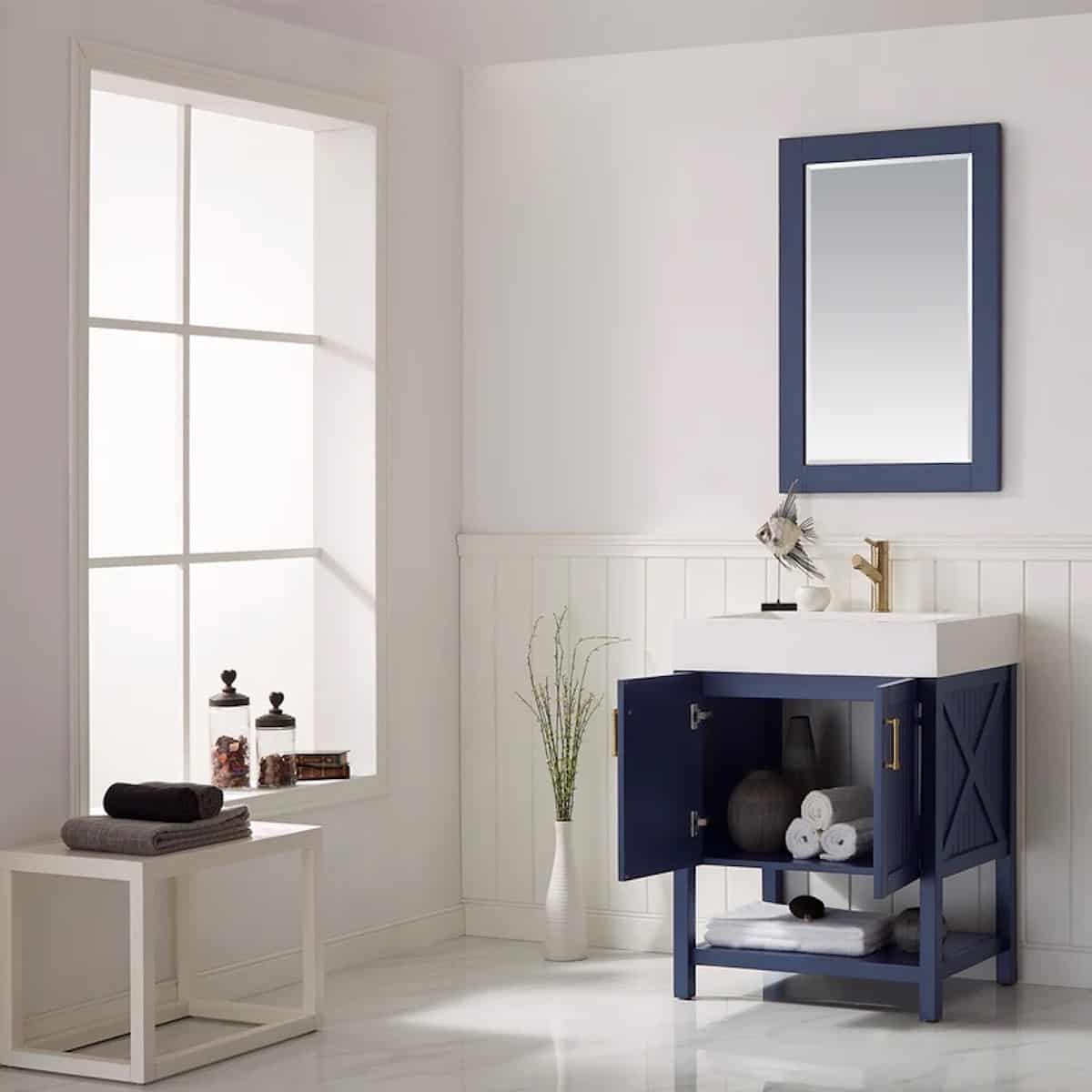 Vinnova Pavia 28 Inch Royal Blue Freestanding Single Vanity with Acrylic Under-Mount Sink With Mirror Inside 755028-RB-WH
