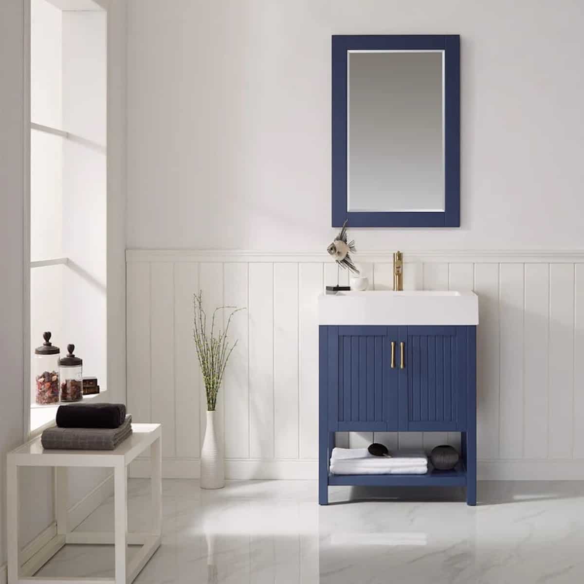 Vinnova Pavia 28 Inch Royal Blue Freestanding Single Vanity with Acrylic Under-Mount Sink With Mirror in Bathroom 755028-RB-WH