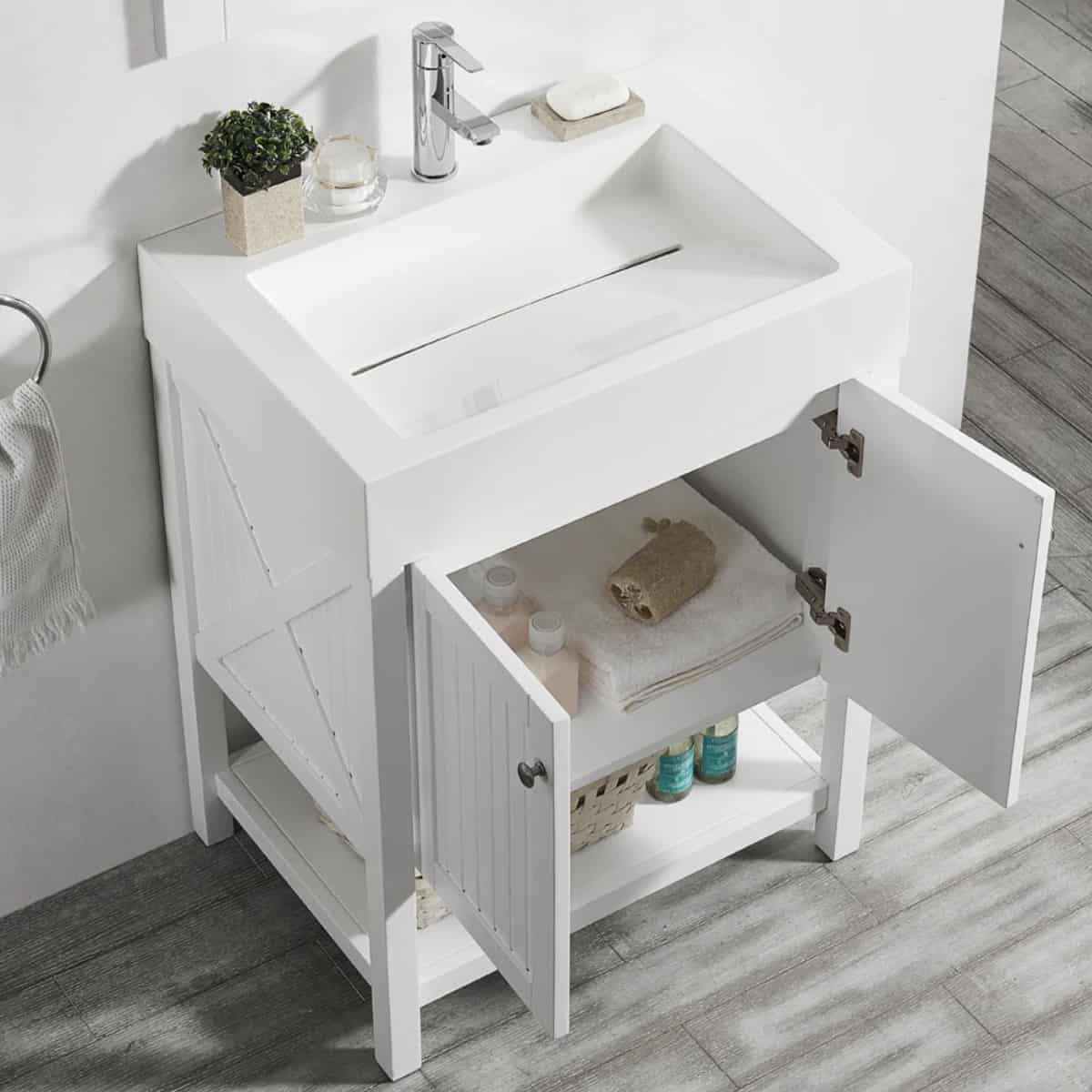 Vinnova Pavia 28 Inch White Freestanding Single Vanity with Acrylic Under-Mount Sink With Mirror Inside 755028-WH-WH
