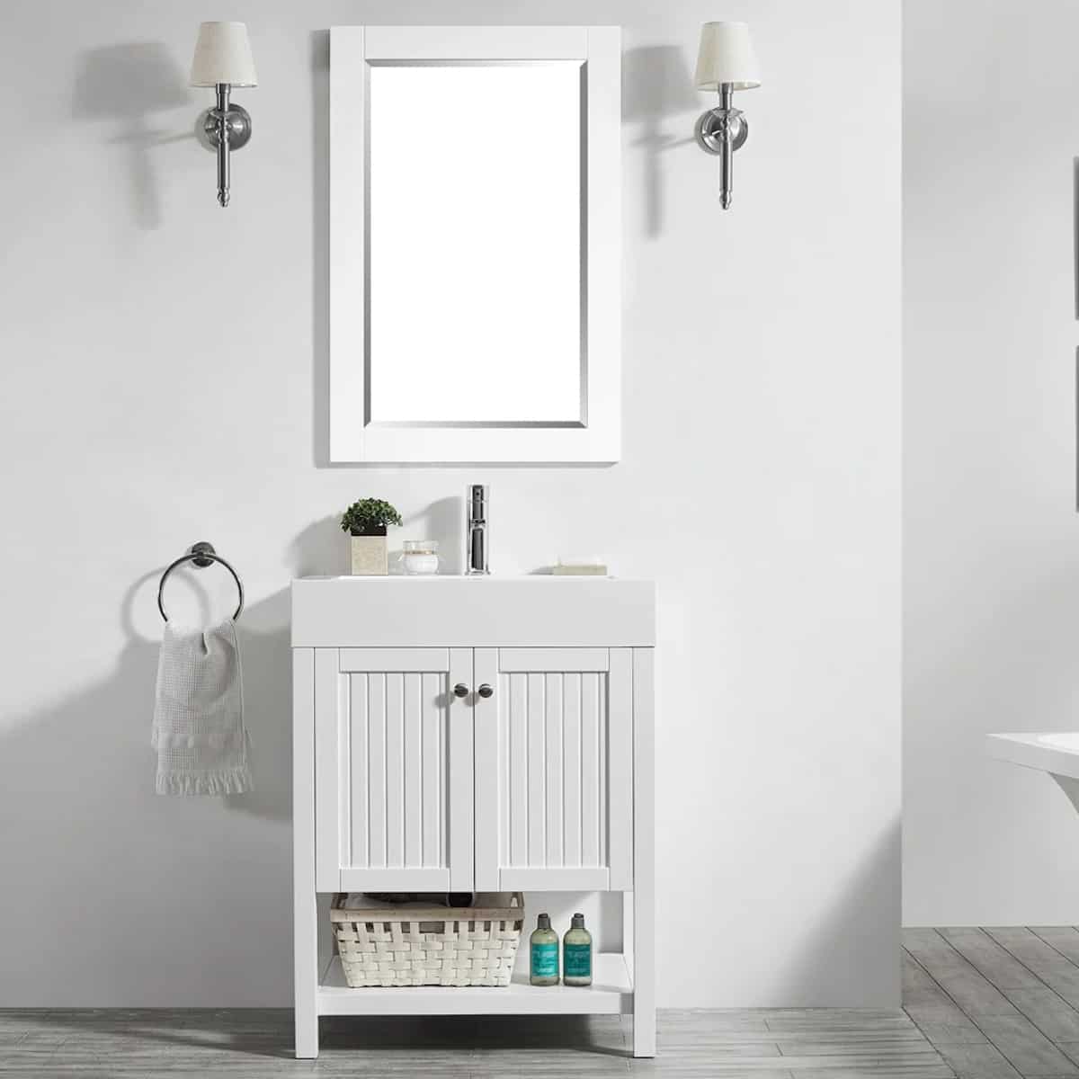 Vinnova Pavia 28 Inch White Freestanding Single Vanity with Acrylic Under-Mount Sink With Mirror in Bathroom 755028-WH-WH