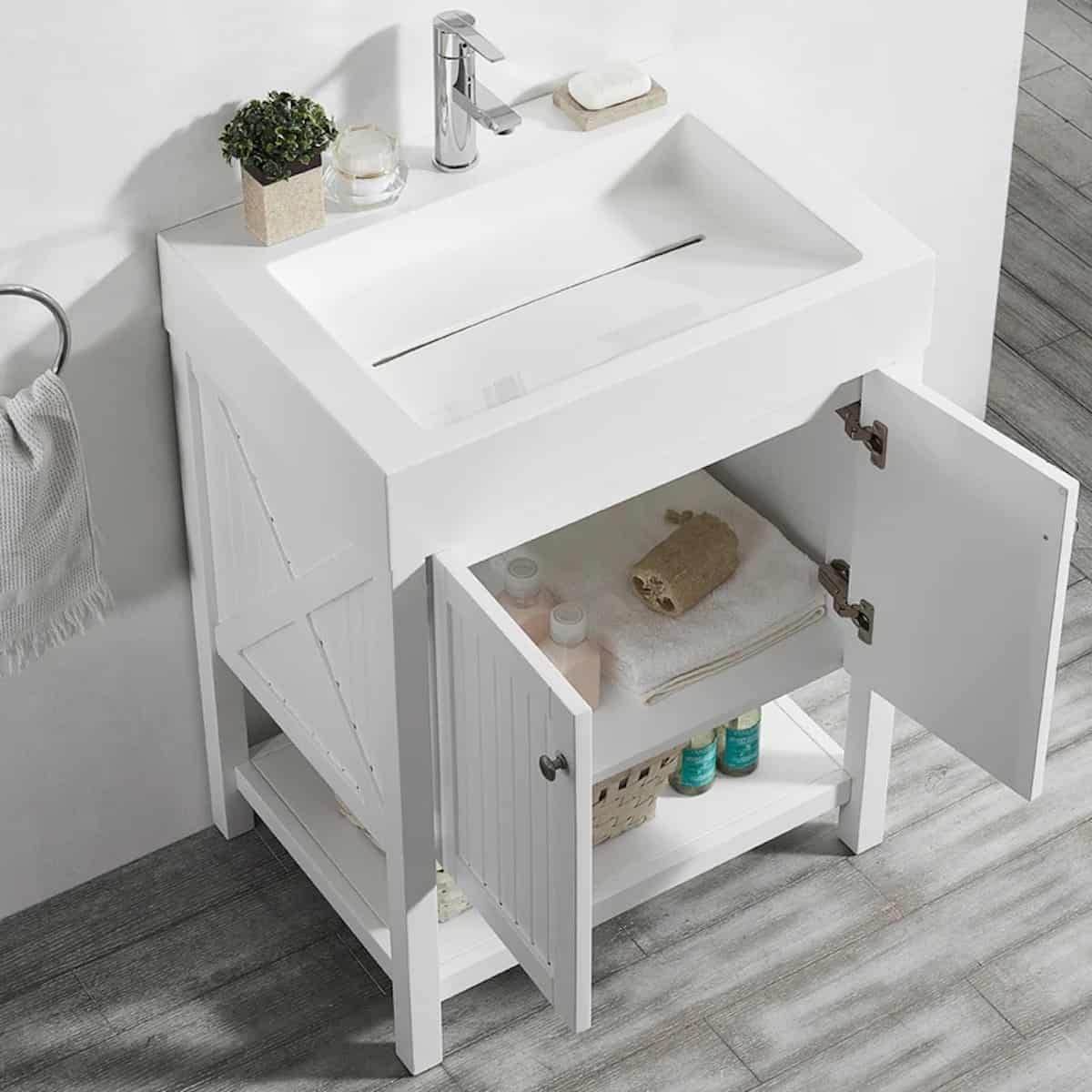 Vinnova Pavia 28 Inch White Freestanding Single Vanity with Acrylic Under-Mount Sink Without Mirror Inside 755028-WH-WH-NM
