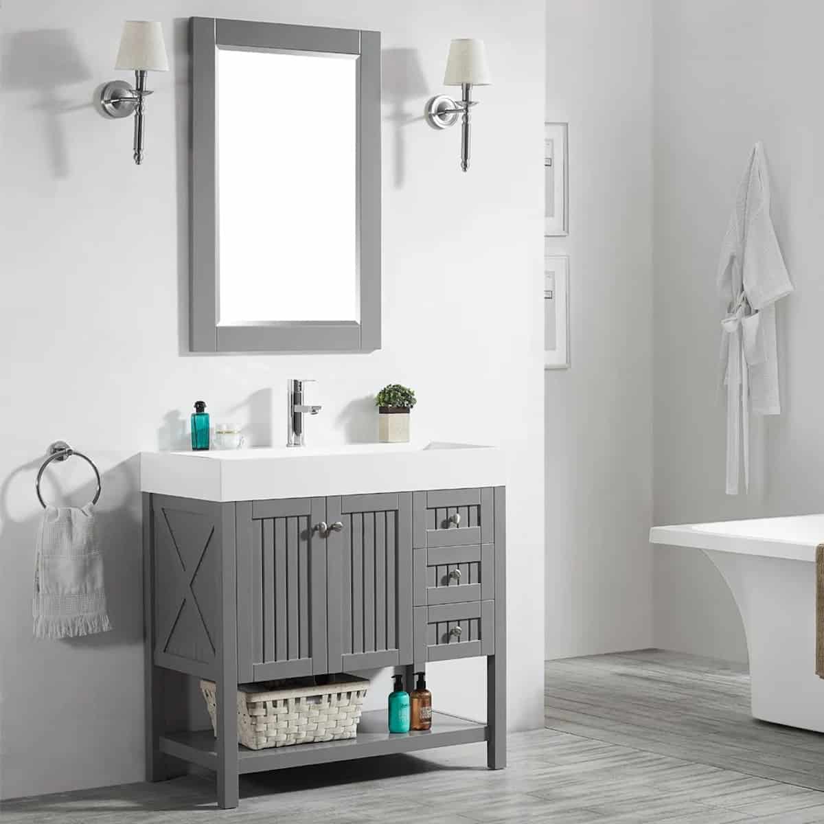 Vinnova Pavia 36 Inch Grey Freestanding Single Vanity with Acrylic Under-Mount Sink With Mirror Side 755036-GR-WH