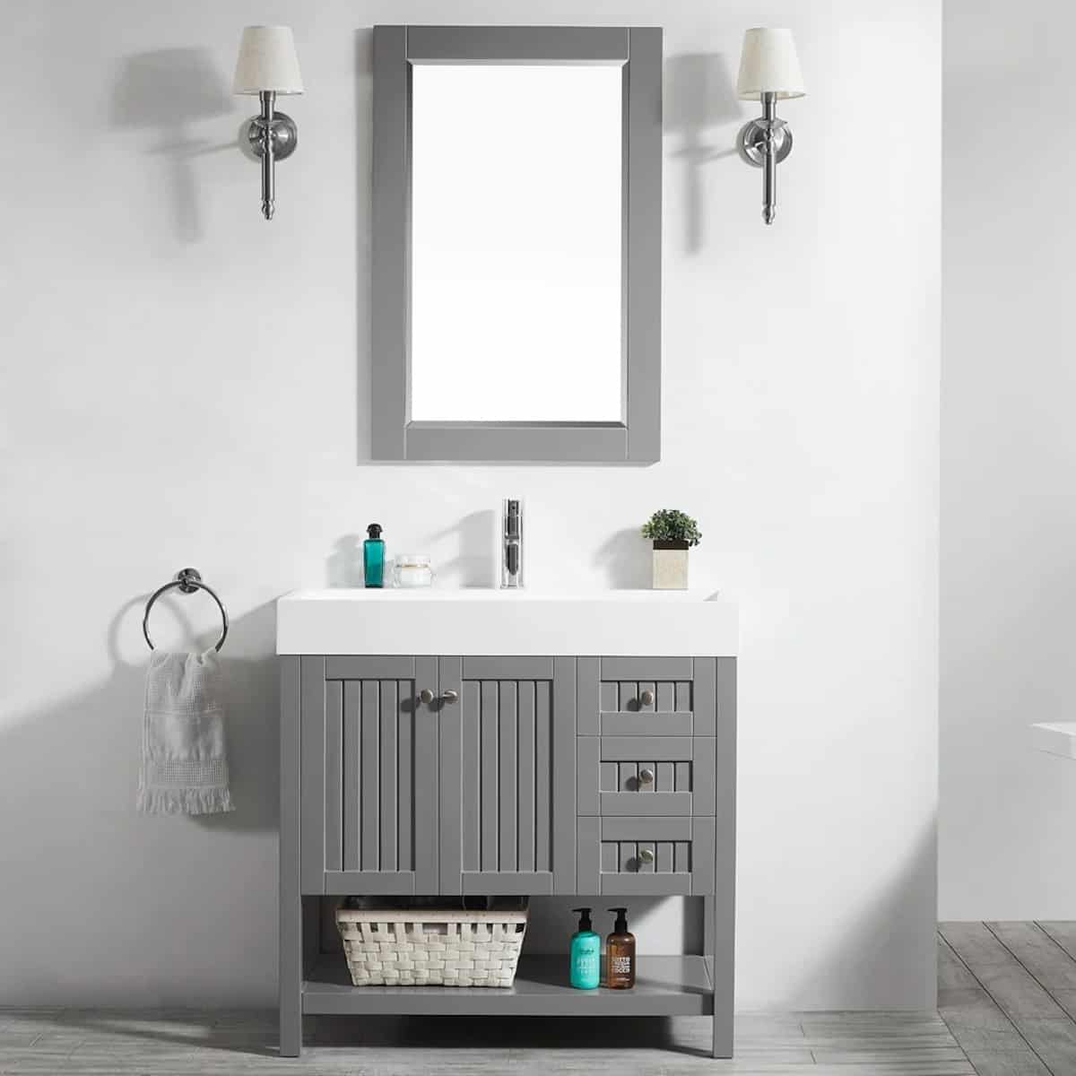 Vinnova Pavia 36 Inch Grey Freestanding Single Vanity with Acrylic Under-Mount Sink With Mirror in Bathroom 755036-GR-WH