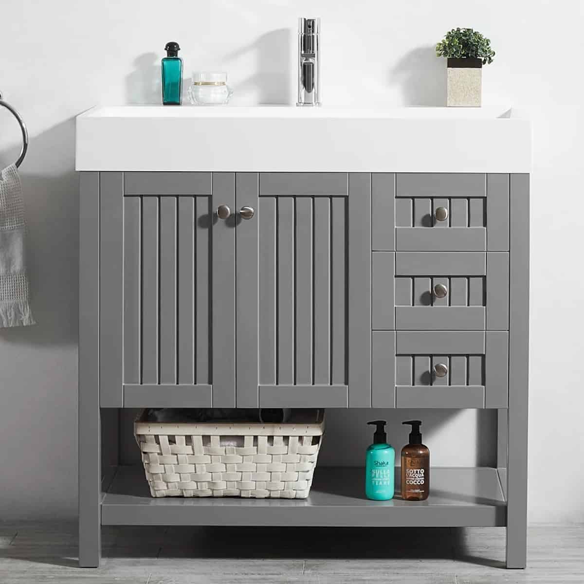 Vinnova Pavia 36 Inch Grey Freestanding Single Vanity with Acrylic Under-Mount Sink Without Mirror in Bathroom 755036-GR-WH-NM