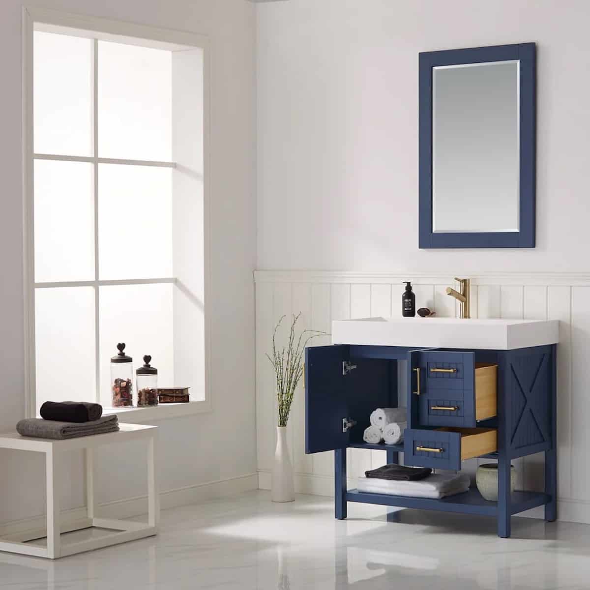 Vinnova Pavia 36 Inch Royal Blue Freestanding Single Vanity with Acrylic Under-Mount Sink With Mirror Inside 755036-RB-WH
