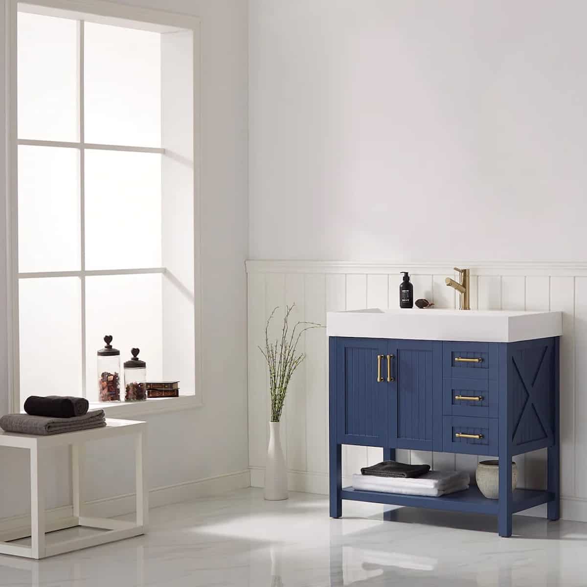 Vinnova Pavia 36 Inch Royal Blue Freestanding Single Vanity with Acrylic Under-Mount Sink Without Mirror Side 755036-RB-WH-NM