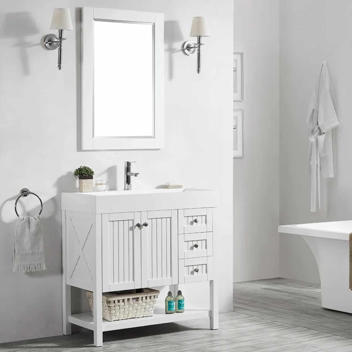 Vinnova Pavia 36 Inch White Freestanding Single Vanity with Acrylic Under-Mount Sink With Mirror Side 755036-WH-WH