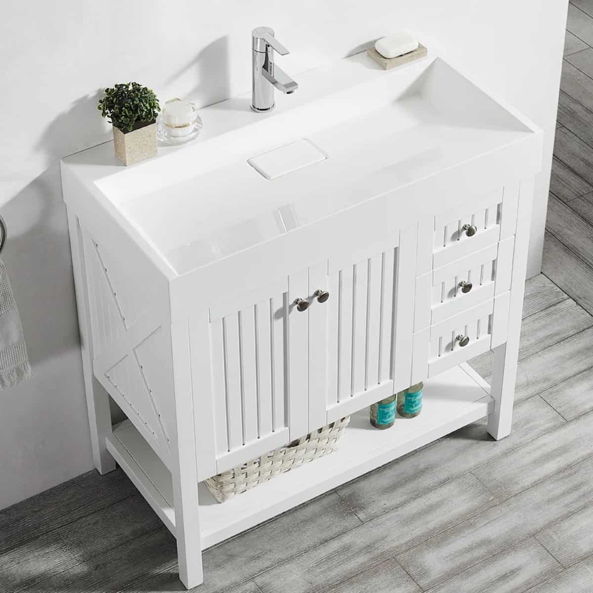 Vinnova Pavia 36 Inch White Freestanding Single Vanity with Acrylic Under-Mount Sink Without Mirror Sink 755036-WH-WH-NM
