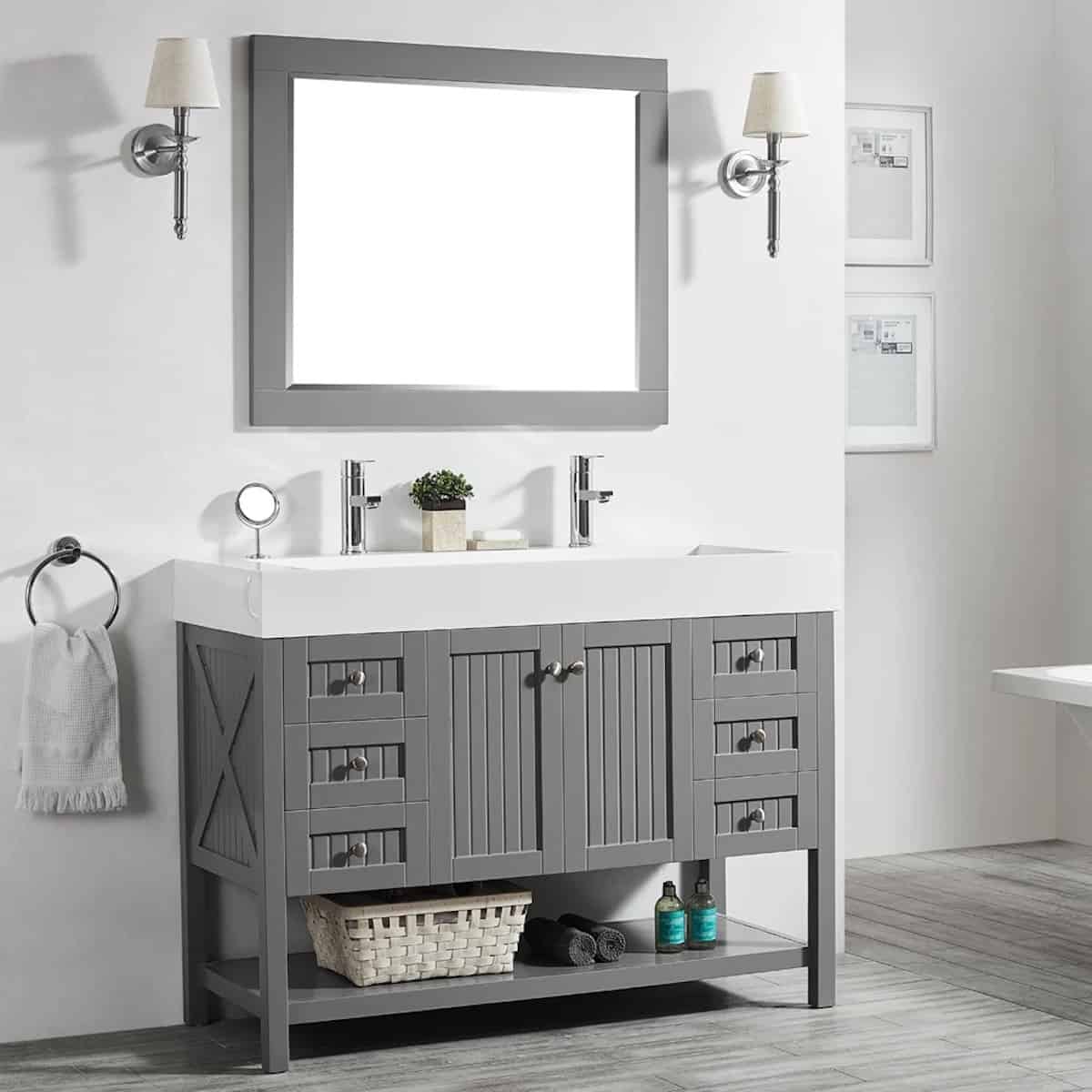 Vinnova Pavia 48 Inch Grey Freestanding Double Vanity with Acrylic Under-Mount Sink With Mirror Side 755048-GR-WH