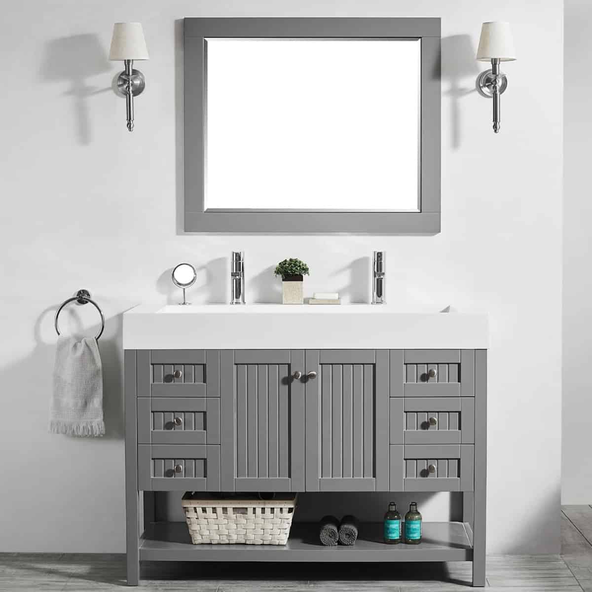 Vinnova Pavia 48 Inch Grey Freestanding Double Vanity with Acrylic Under-Mount Sink With Mirror in Bathroom 755048-GR-WH